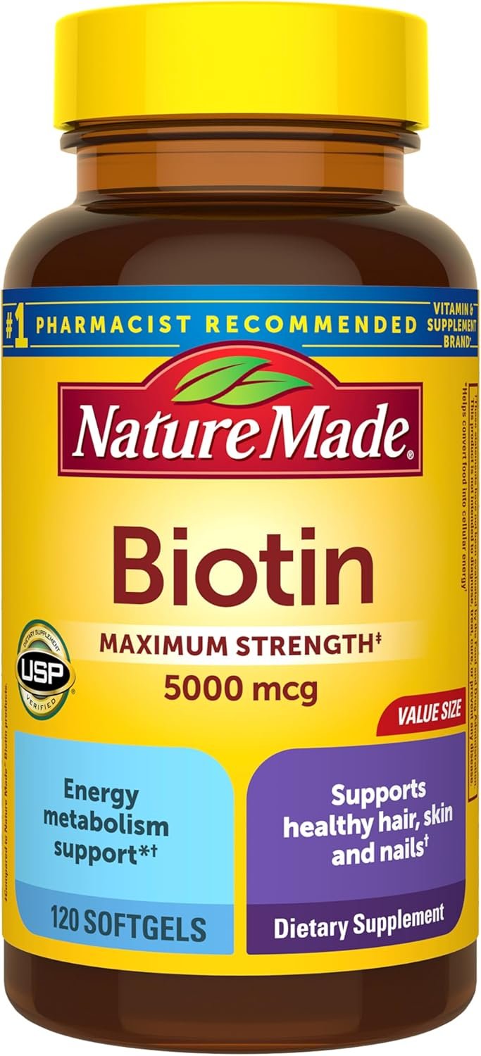 Nature Made Maximum Strength Biotin 5000 mcg Softgels, Biotin Hair Skin and Nails Vitamins Dietary Supplement, 120 Count