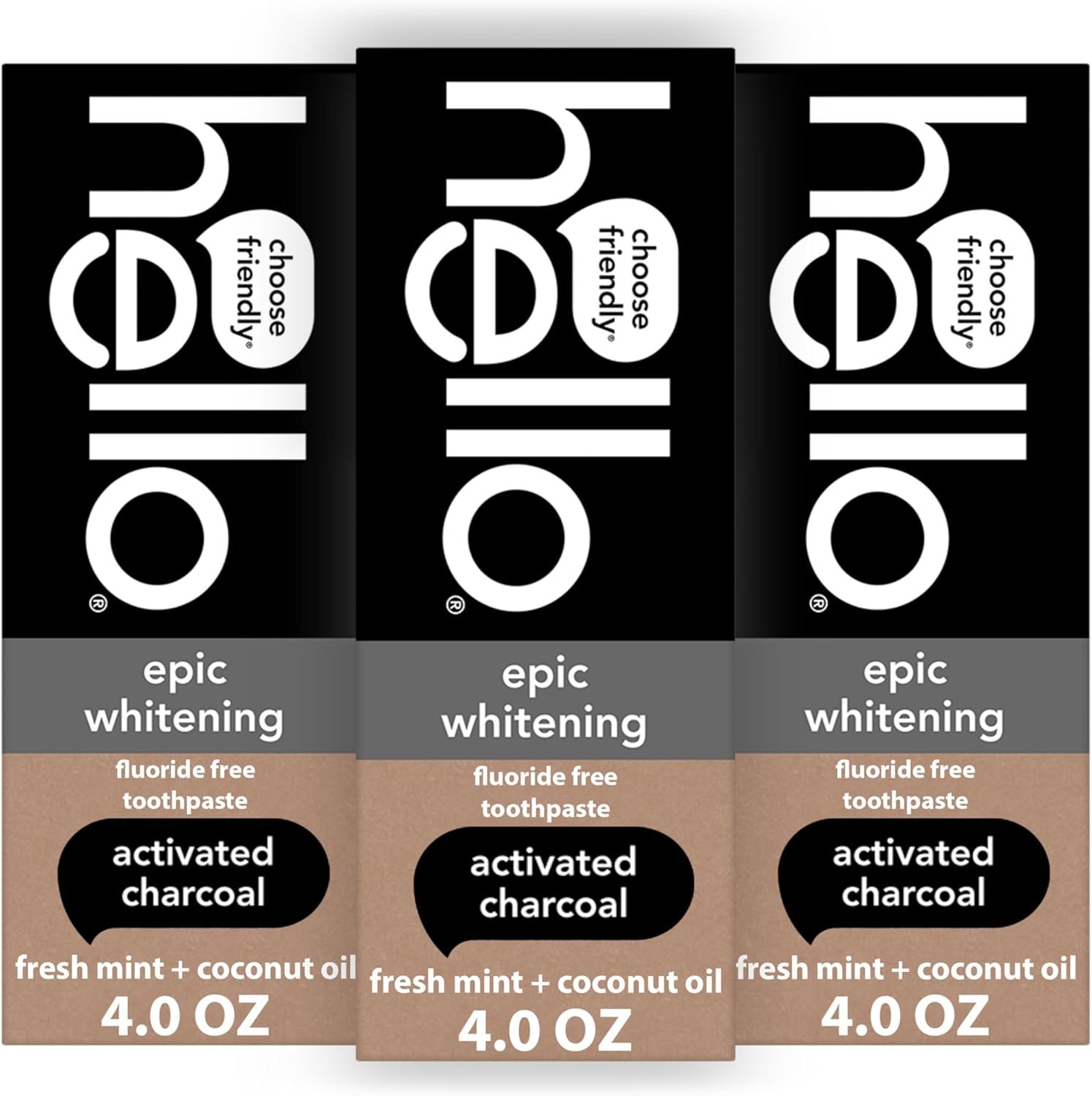 hello Epic Whitening Charcoal Fluoride Free Toothpaste, Activated Charcoal Toothpaste with Coconut Oil, Whitens Teeth Naturally, SLS Free, Fresh Mint, 3 Pack, 4.0 Oz Tubes