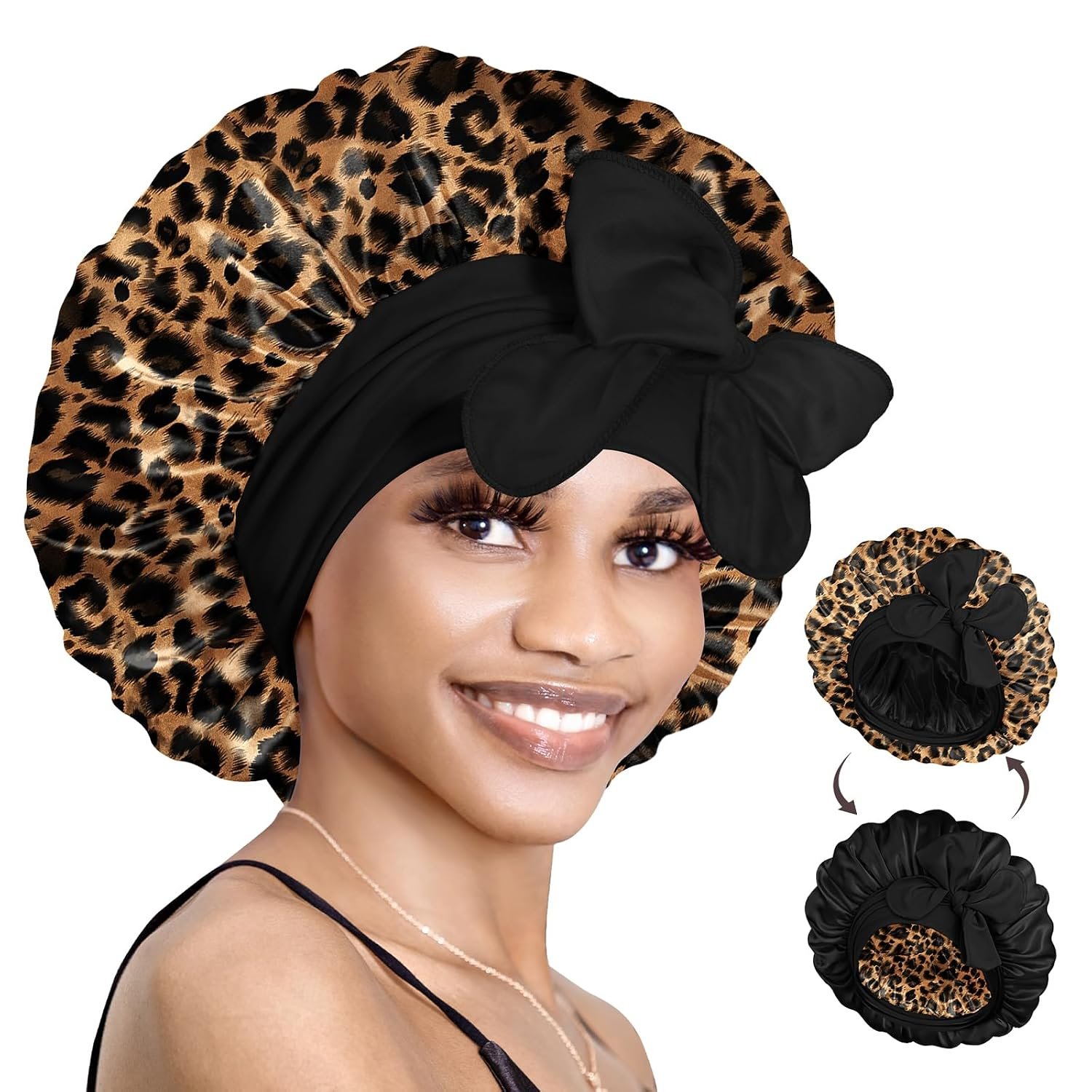 Bonnet Queen Silk Bonnet for Sleeping Satin Bonnet Hair Bonnet Satin Lined Bonnets Double Layer Bonnets Adjustable Tie Bonnets Night Cap For Curly Hair Leopard