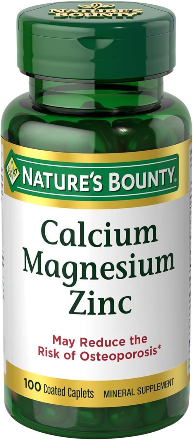 Nature’s Bounty Calcium Magnesium & Zinc Caplets, Immune & Bone Health, Daily Supplement, 1000mg Calcium, 400mg Magnesium, 600 IU Vitamin D, Gluten Free, 100 Caplets