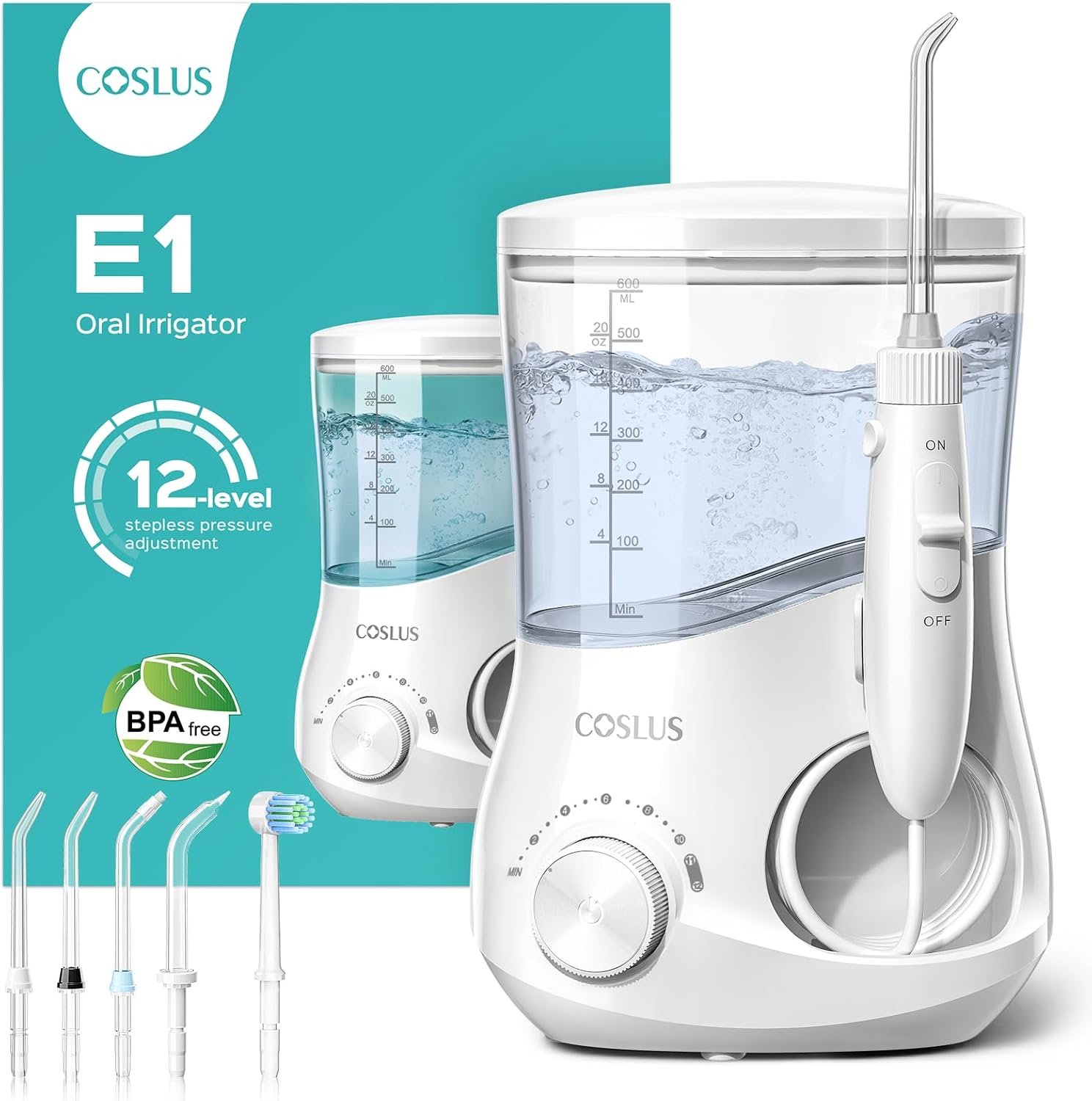 COSLUS E1 Electric Water Flosser for Teeth: Professional Dental Pick for Orthodontic, Sensitive Gums, Braces – 12 Pressure Settings & ​​5 Multi-Functional Tips for Multiple Users, Home Use, White