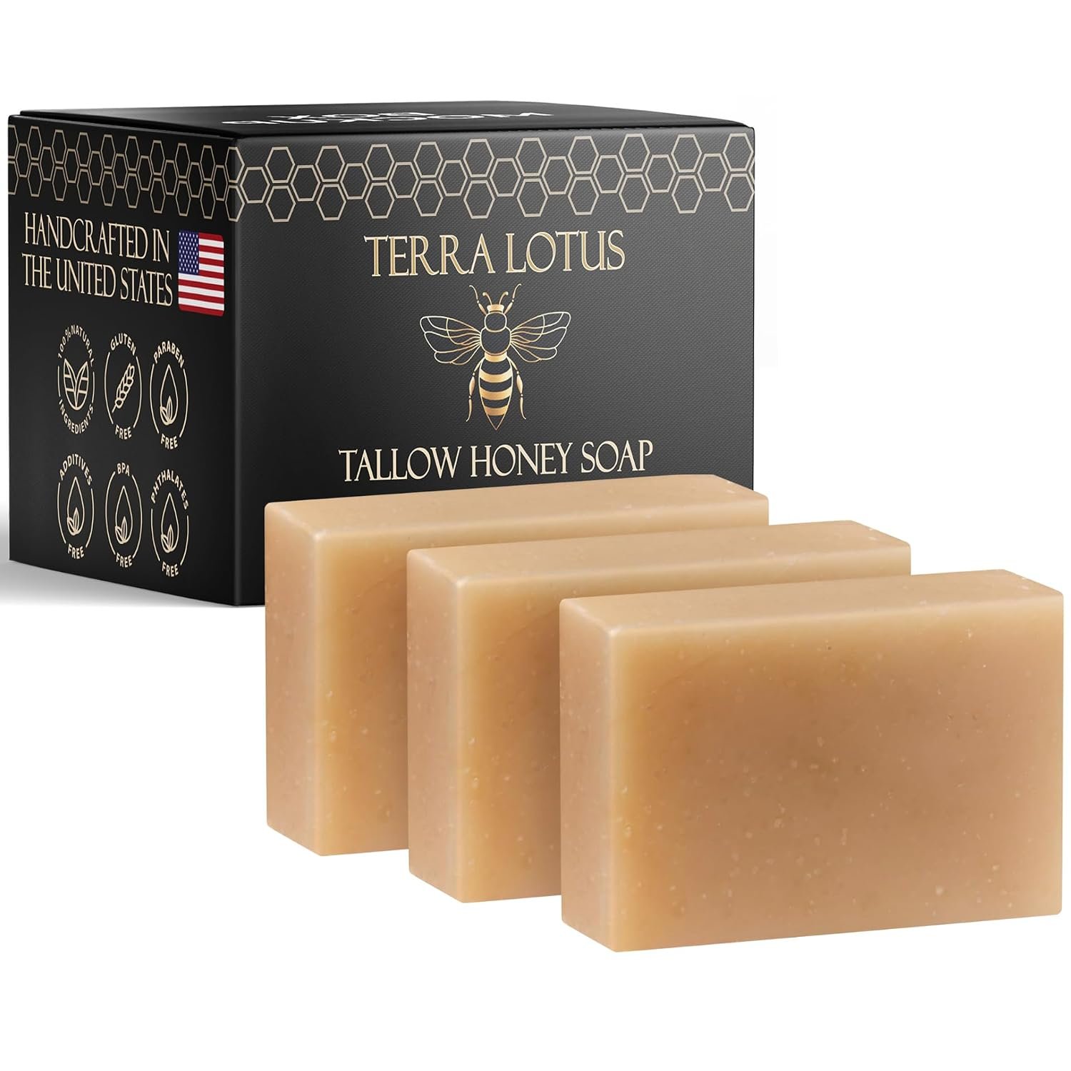 Terra Lotus – Organic Tallow Soap with Organic Castor Oil & Raw Honey – Hydrating & Nourishing – 3 Pack (Unscented)