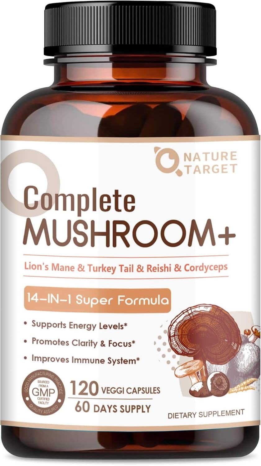 NATURE TARGET 14-in-1 Mushroom Supplement – Mushroom Complex with Lion’s Mane, Cordyceps, Reishi & Turkey Tail – Caffeine-Free Energy, Memory & Immune Support – Vegan, 120 Capsules