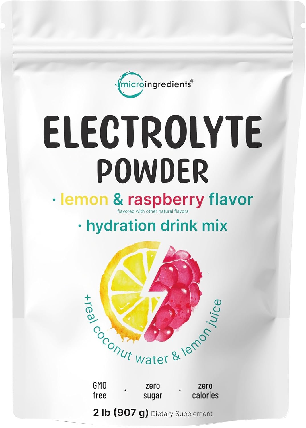 Micro Ingredients Electrolytes Powder, 2lbs (139 Servings) | Sugar Free | Lemon Raspberry Flavor | High Potassium (1,000mg) + Coconut Water & Real Lemon Juice | Keto Friendly, Non-GMO