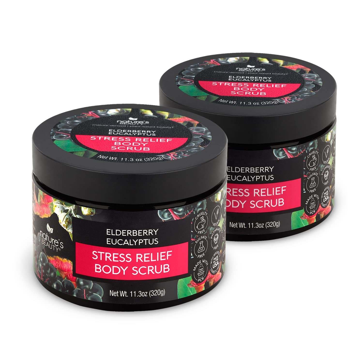 Nature’s Beauty Elderberry Eucalyptus Stress Relief Body Scrub Multi-Pack – Gently Exfoliate, Relax & Calm Dry Skin, Made w/Shea Butter, Avocado Oil and Sweet Almond Oil, 11.3 oz (2 Pack)