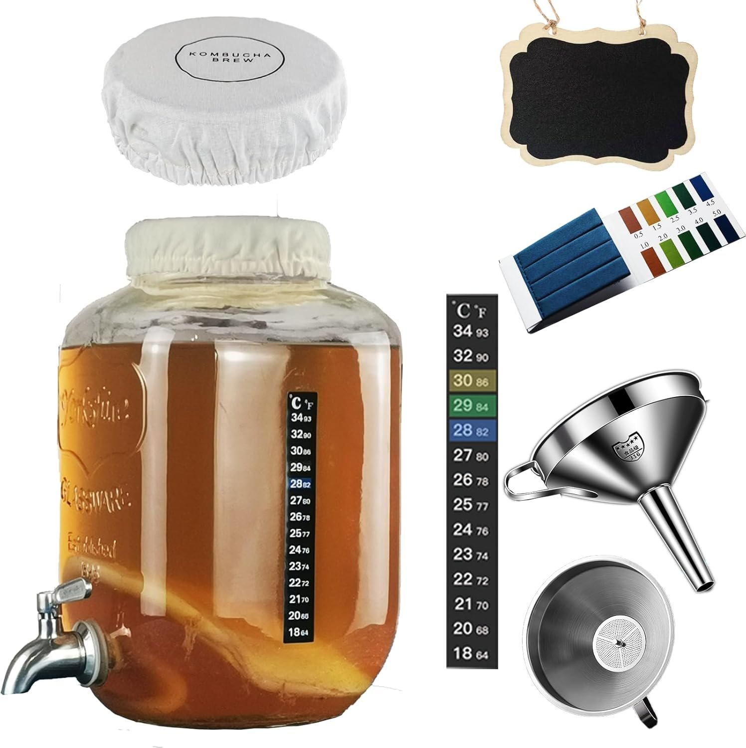 Kombucha & Jun Starter Kit – 1.3 Gallon Glass Jar With Stainless Steel Spigot Perfect for Continuous Brewing, pH Test Strips, Temperature Strip, Cloth Cover, Funnel with Filters