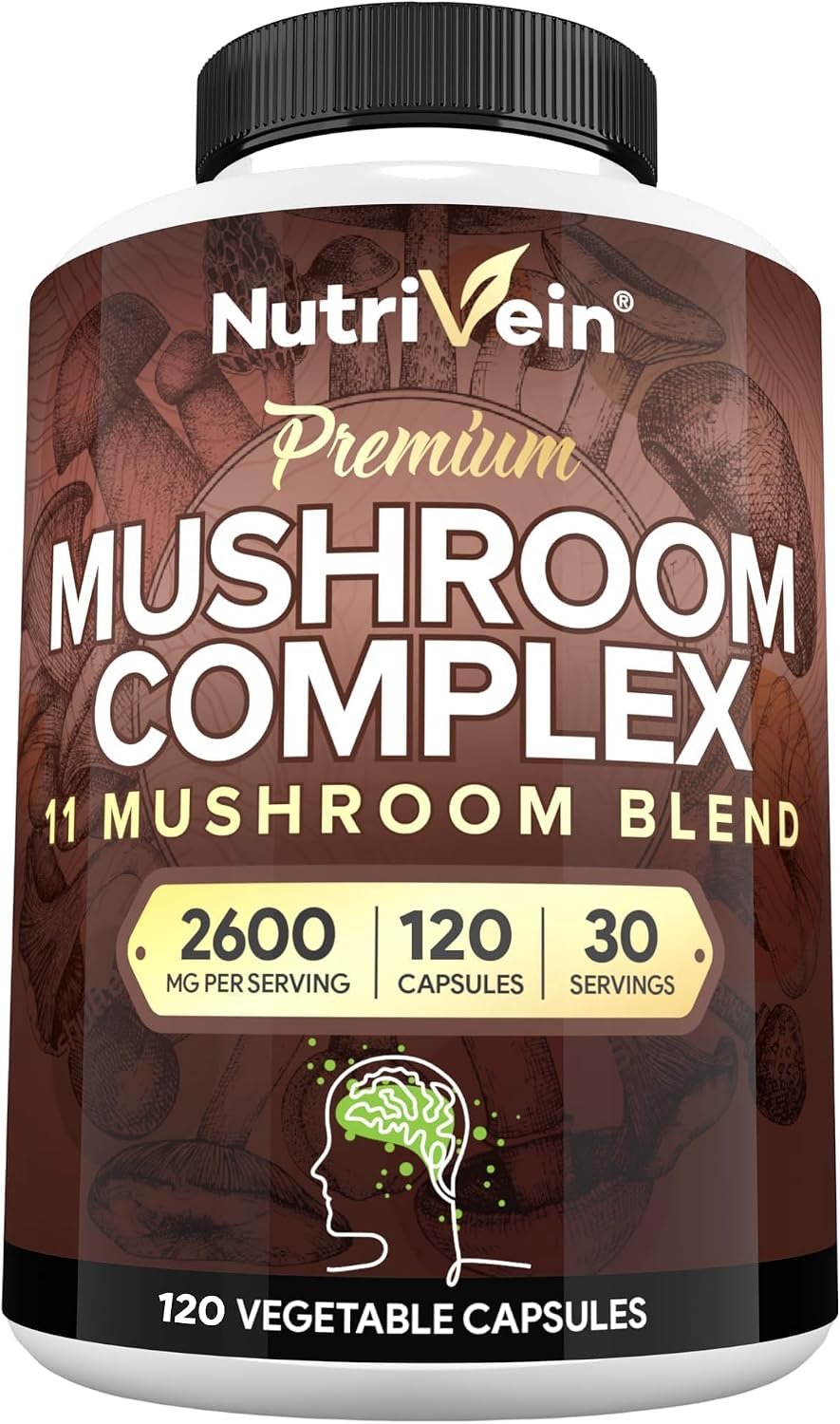 Nutrivein Premium Mushroom Supplement 2600 mg- Bottle 120 Capsules- 11 Nootropic Mushroom Complex – Lion’s Mane, Cordyceps, Chaga, Reishi, Turkey Tail,Maitake,Shiitake, Agaricus, White Button, Oyster