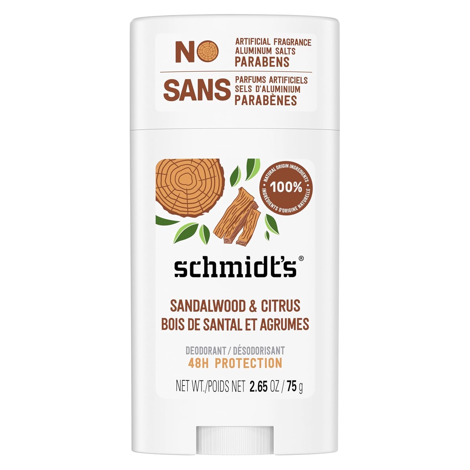 Schmidt’s Aluminum-Free Vegan Deodorant Sandalwood & Citrus for Women and Men, with 24 Hour Odor Protection, Natural Ingredients, Cruelty-Free, 2.65 oz