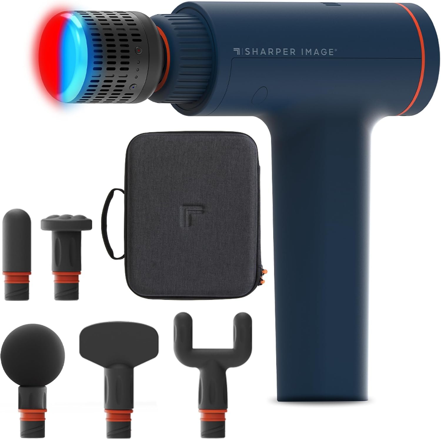 Sharper Image Deep Tissue Percussion Massage Gun, Powerboost Versa Hot & Cold Rechargeable Handheld Massager, 5 Adjustable Speeds, 6 Attachment Heads & Carrying Case, for Muscle Pain Relief, Blue