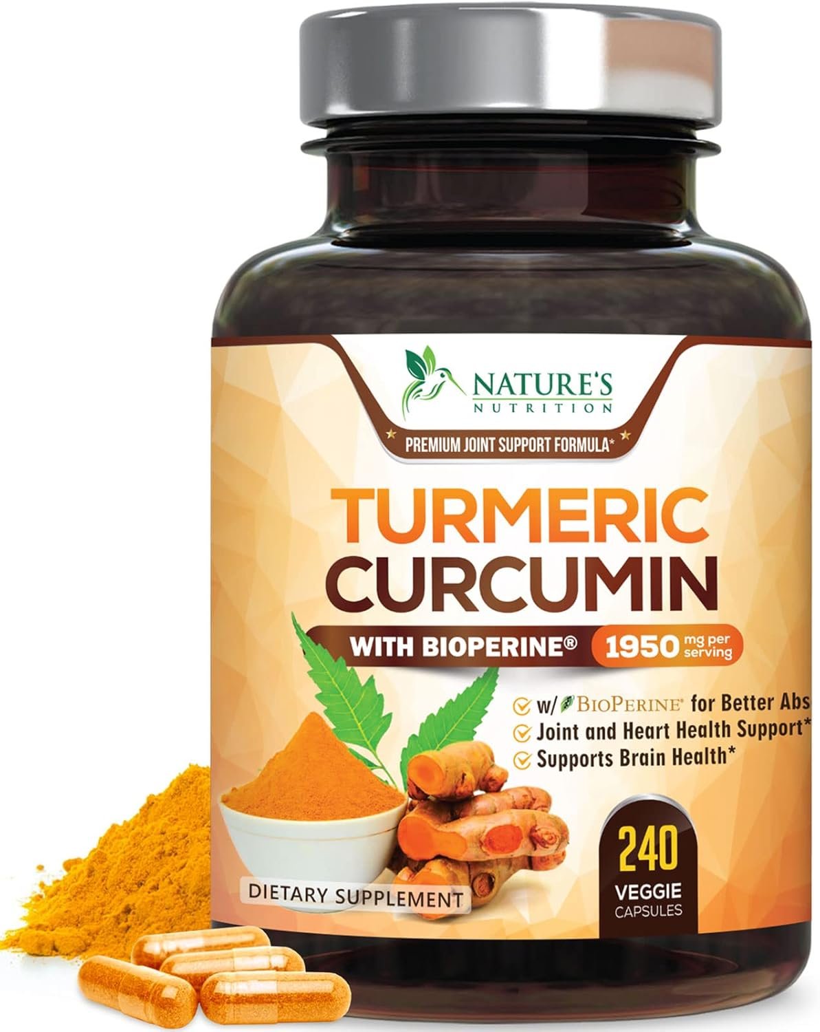 Turmeric Curcumin Supplement – 95% Curcuminoids with Organic Turmeric & BioPerine Black Pepper for Best Absorption – Daily Joint & Immune Health Support, Vegan, Non-GMO, Bottled in USA – 240 Capsules