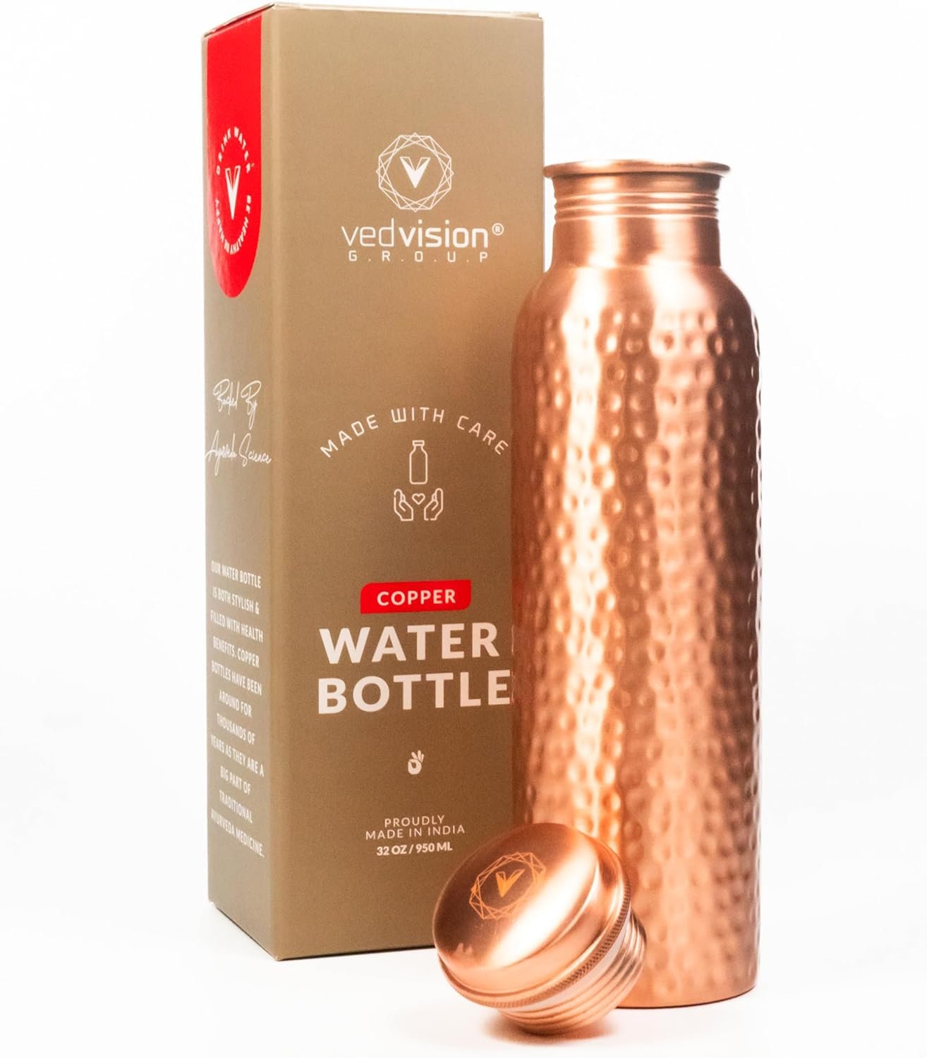 Copper Water Bottle – 32 Oz Pure Copper Water Bottle for Drinking Hammered Finish Design – Leak-Proof, Travel-Friendly, Wide Mouth