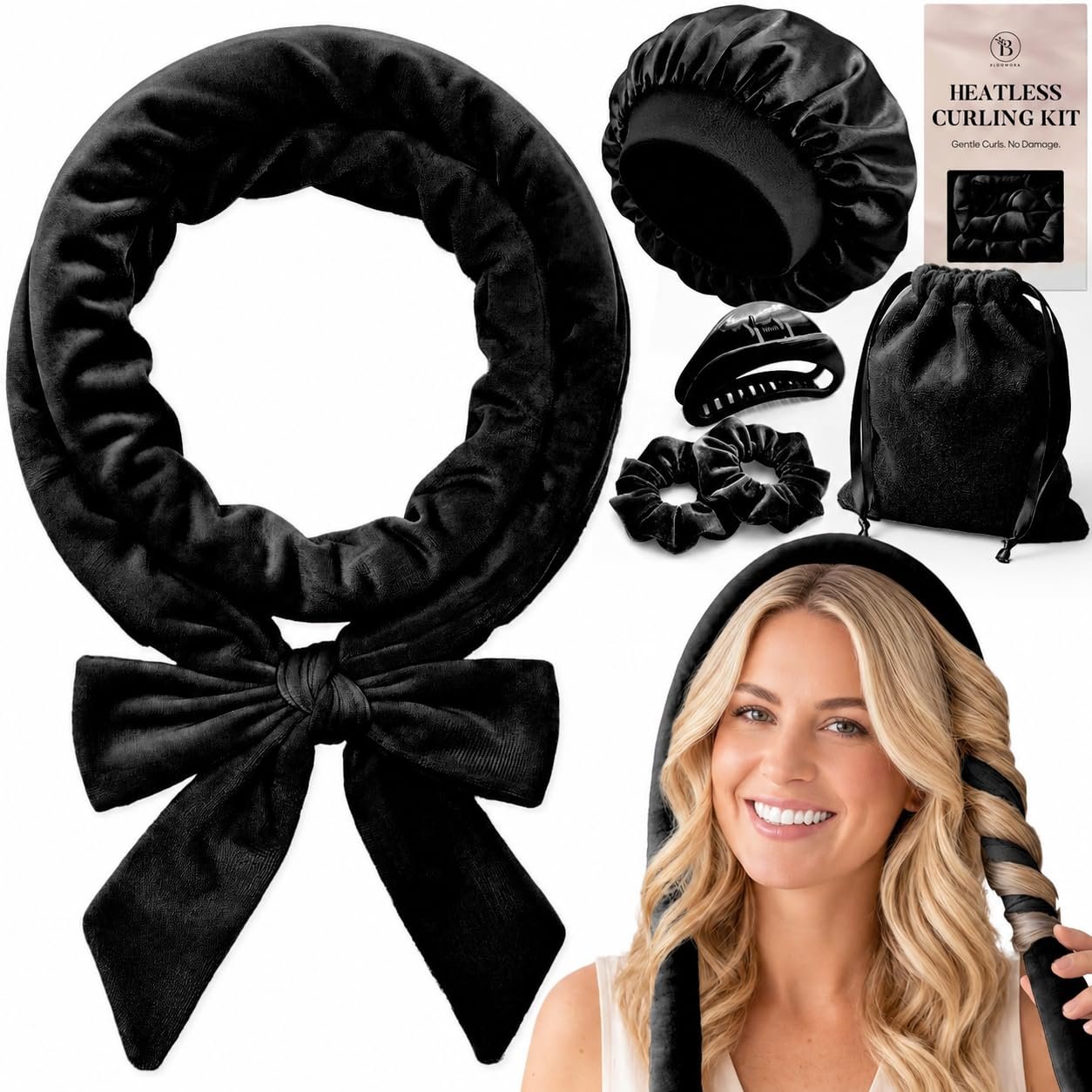 Velvet Heatless Hair Curler for Heatless Curls Overnight – 63″ No Heat Curls Overnight Rod with Cap, Clip & Ties, Curling Set Without Heat for Easy Hair Curling at Home, Black