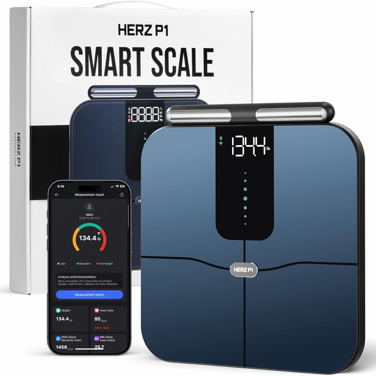 Herz P1 Smart Scale – 8-Electrode Body Composition Scale with Handle | BMI, Body Fat, Muscle Mass, Body Weight Dual-Frequency BIA for Precision Tracking App Tracks 56 Health & Fitness Metrics