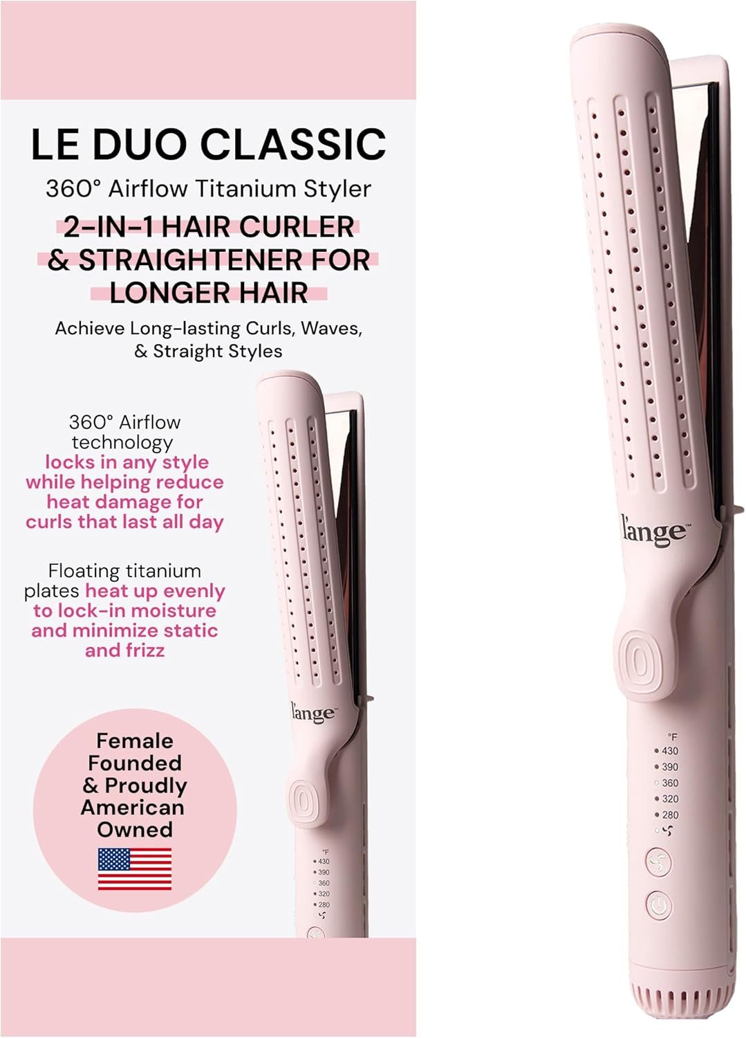 L’Ange Hair Le Duo Grande 360° Airflow Styler | Curl & Straighten with One Tool | 5.3″ Snag-Free Titanium Plates | Cooling Air Vents to Set Curls | Adjustable Temp & Auto Shut-Off | Blush