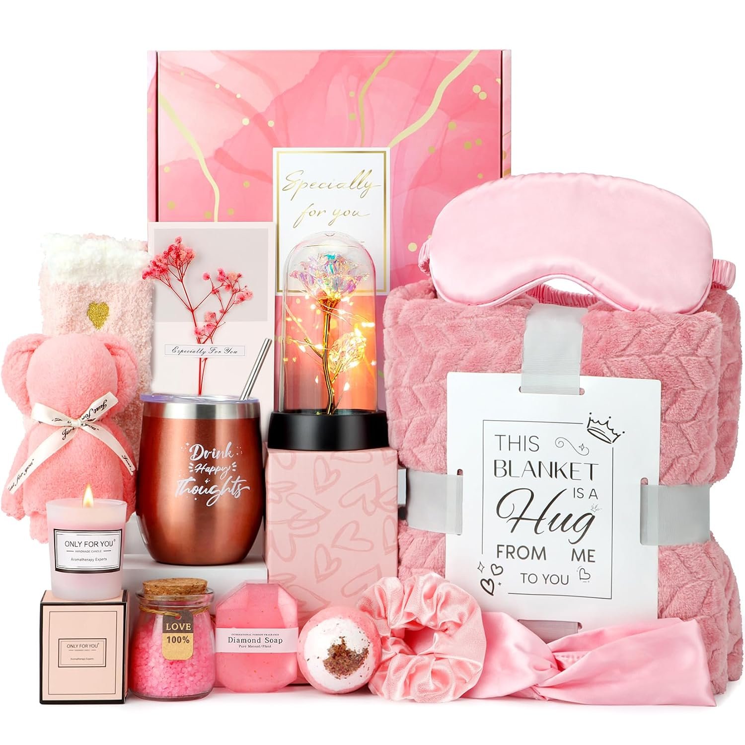Birthday and Get Well Gifts for Women – Relaxing Spa Care Package With Luxury Flannel Blanket, Light-Up Rose Flower – Unique Self Care Gift Basket for Mom, Wife, Friends