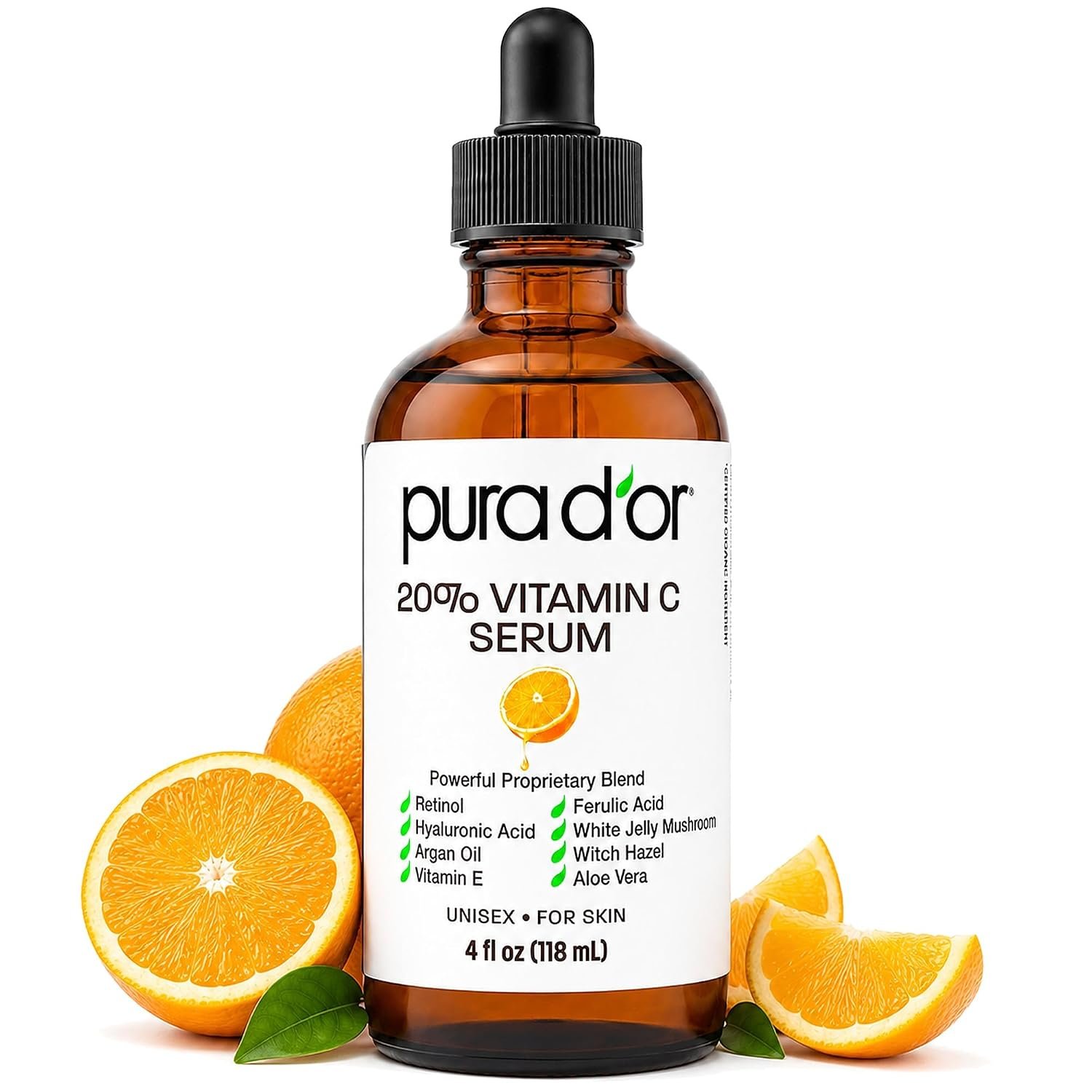 PURA D’OR 20% Vitamin C Facial Serum 4 Oz Antioxidant Anti-Aging Blend w/Retinol, Hyaluronic Acid, Ferulic Acid – Hydrating Lightweight Ayurvedic Skin Care – Men Women Daily Use