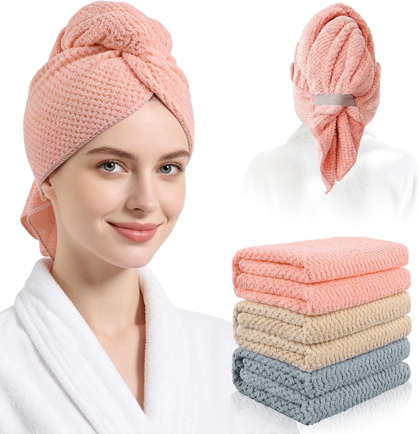 3 Pack Microfiber Hair Drying Towels for Women, Super Absorbent Microfiber Hair Towel for Curly Hair, Hair Drying Towel Wrap for Hair Care with Elastic Strap