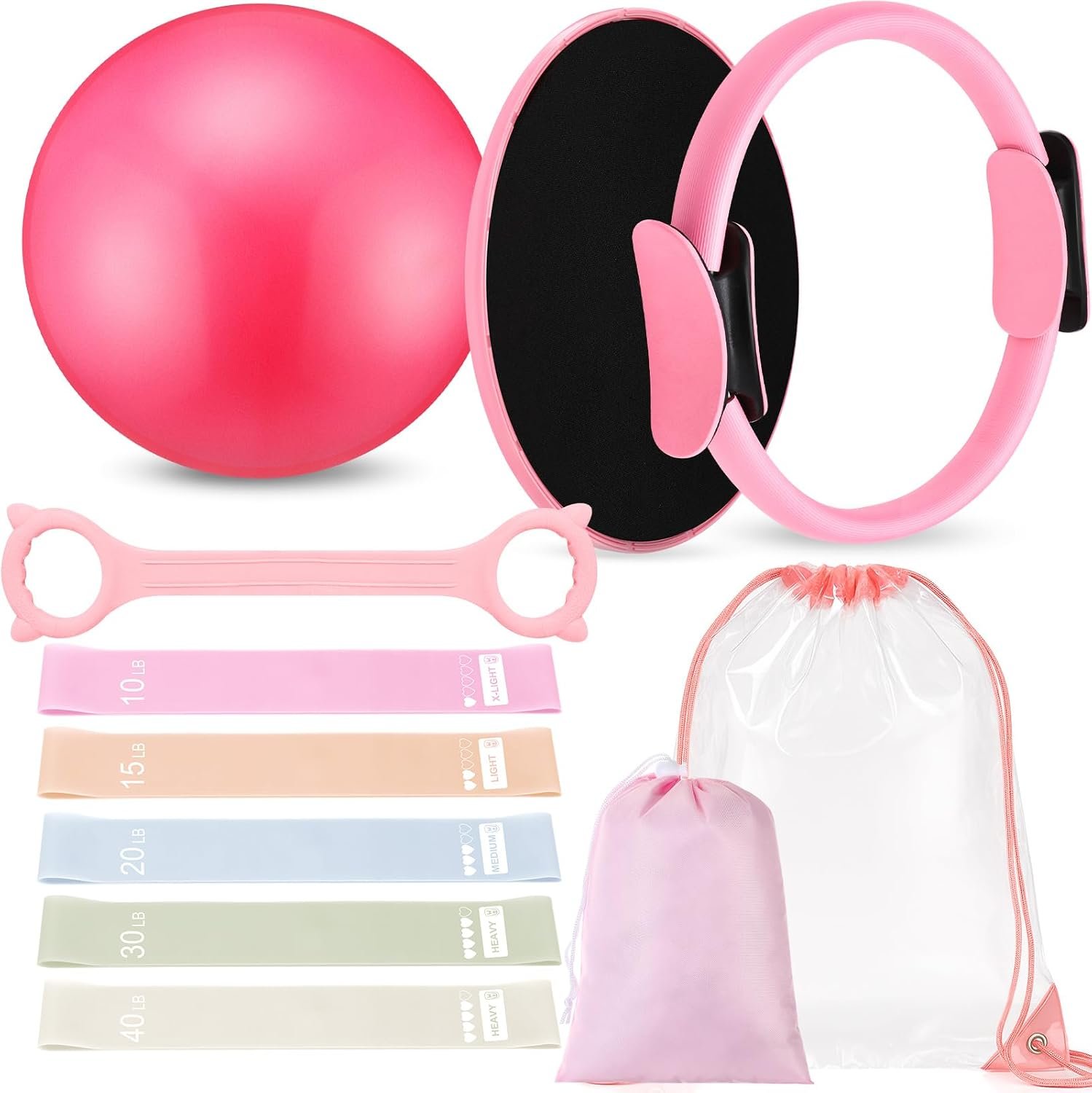 Silipull 11 Pcs Pilates Ring Set for Women, Yoga Home Gym Equipment with 12″ Ring, 9.8″ Exercise Ball, 5 Resistance Bands, 8 Figure Strap, Core Sliders & Storage Bag, for Beginner Workouts & Gifts