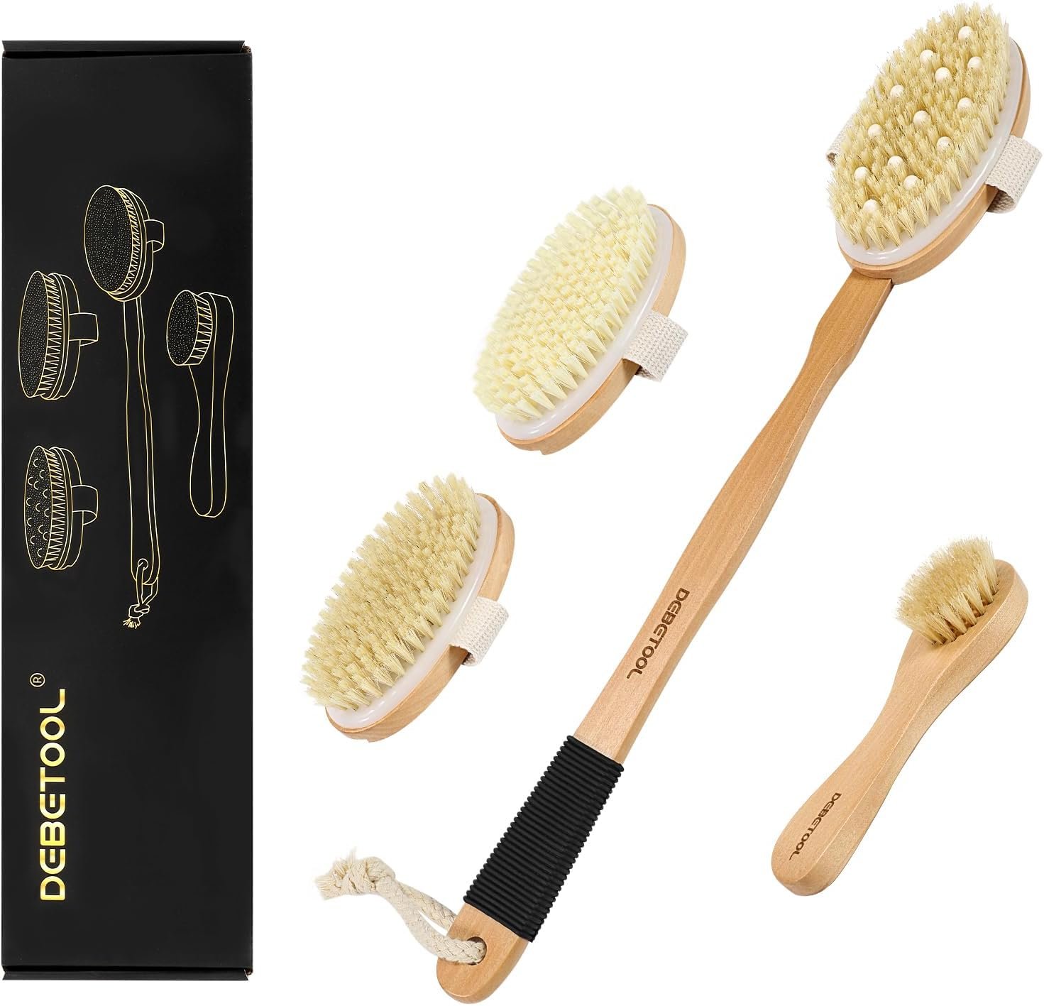 DEBETOOL Dry Brush Set for Body & Face – Dry Brushing Body Brush with Long Handle & 3 Replacement Heads (Soft/Medium/Firm) for Lymphatic Drainage Cellulite