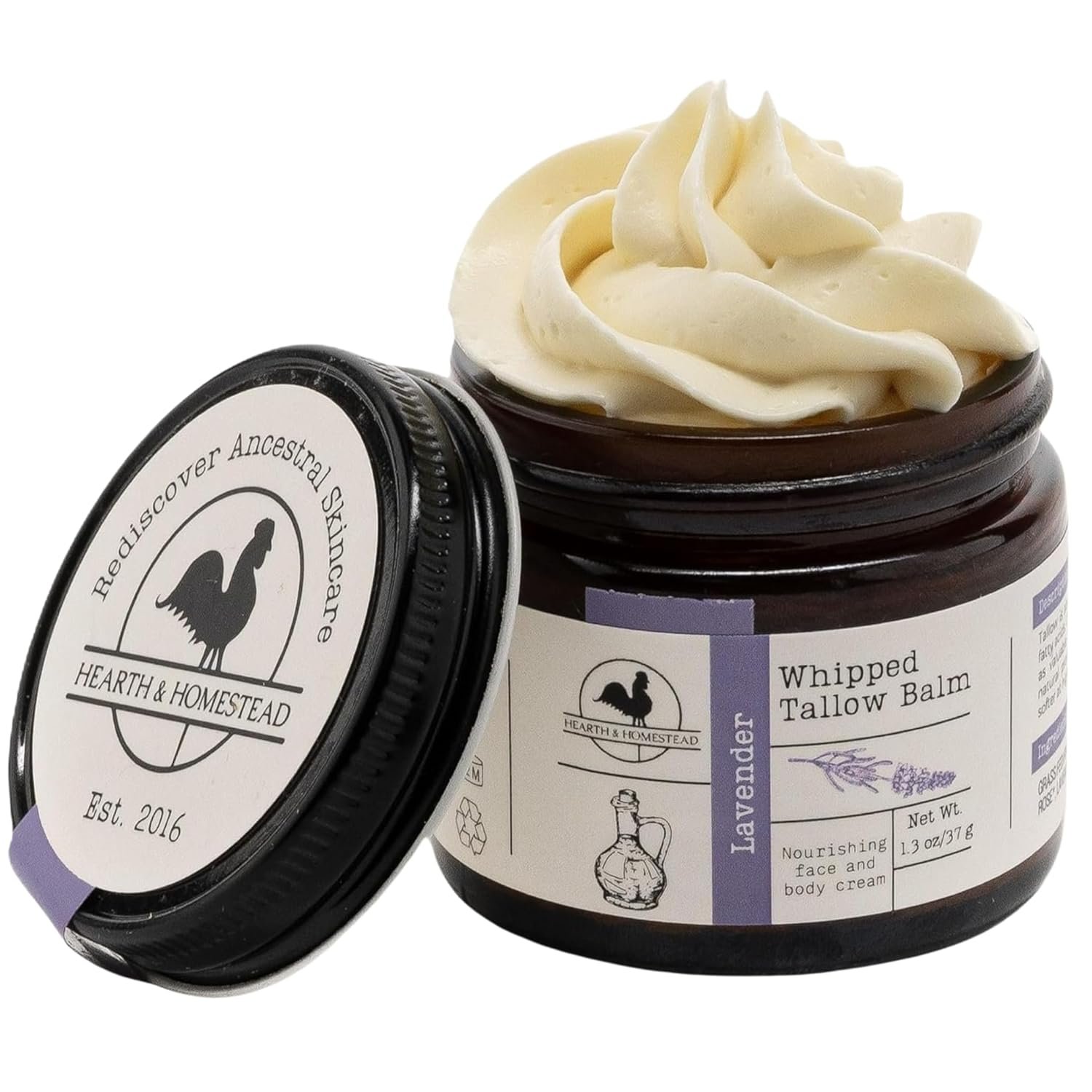 Hearth & Homestead Whipped Beef Tallow for Skin & Face, 100% Grass Fed, Eczema Cream & Body Butter, Organic Olive Oil, Calendula & Rose, Lotion & Hand Moisturizer for Dry Skin, Lavender, 1.3oz