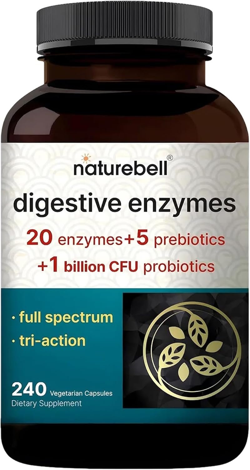 NatureBell Digestive Enzymes – 240 Capsules – Gut & Digestive Health Support Supplement* – with 20 Enzymes, 5 Prebiotics & 10-Strand Probiotic Blend