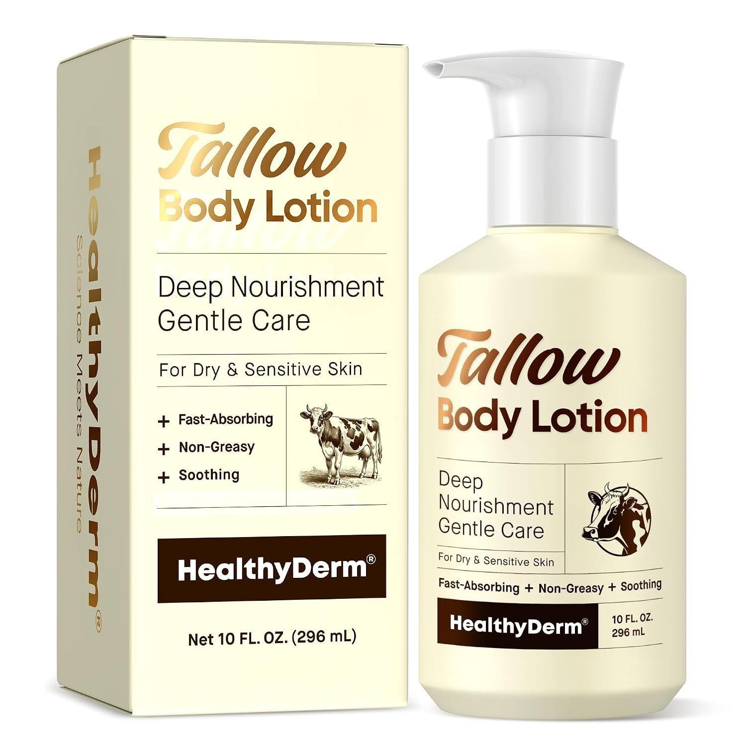 Beef Tallow Body Lotion for Skin: Grass-Fed Daily Moisturizing Cream for Dry, Mature & Crepey Skin, Fast-Absorbing, Non-Greasy, Fragrance-Free Moisturizer with Aloe & Shea Butter, 10 fl oz