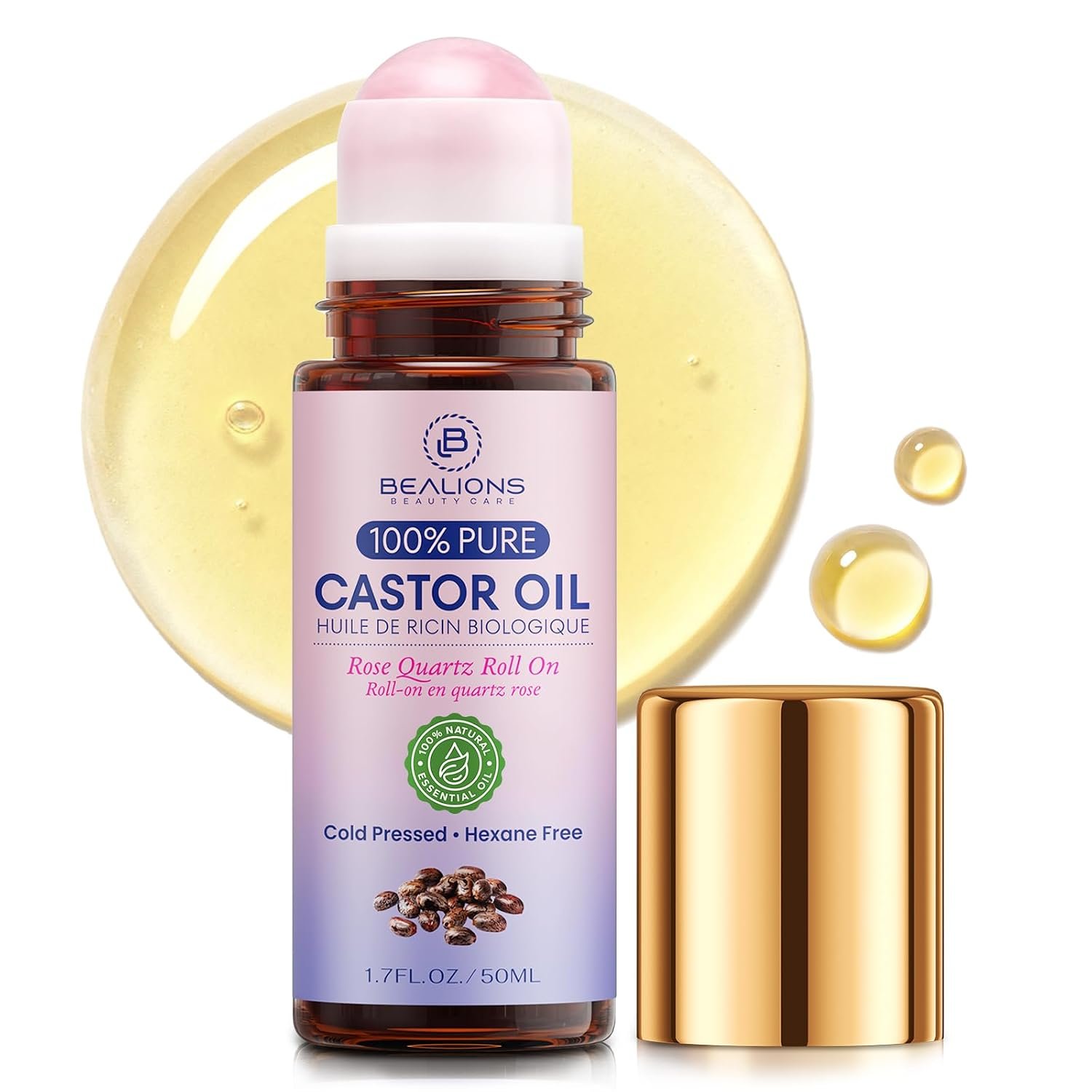 Bealions Castor Oil Rose Quartz Roller Ball (1.7 Fl Oz) | Castor Oil Organic Cold Pressed – Reduces Fine Lines, Wrinkles & Under-eye Puffiness, Gifts for Women 35+