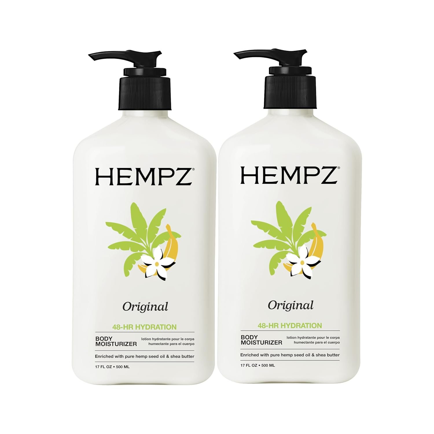 Hempz Original, Natural Hemp Seed Oil Body Moisturizer with Shea Butter & Ginseng, Pure Herbal Skin Lotion for Dryness, Nourishing Vegan Cream, Floral and Banana, 17 Fl Oz, 2 Pack