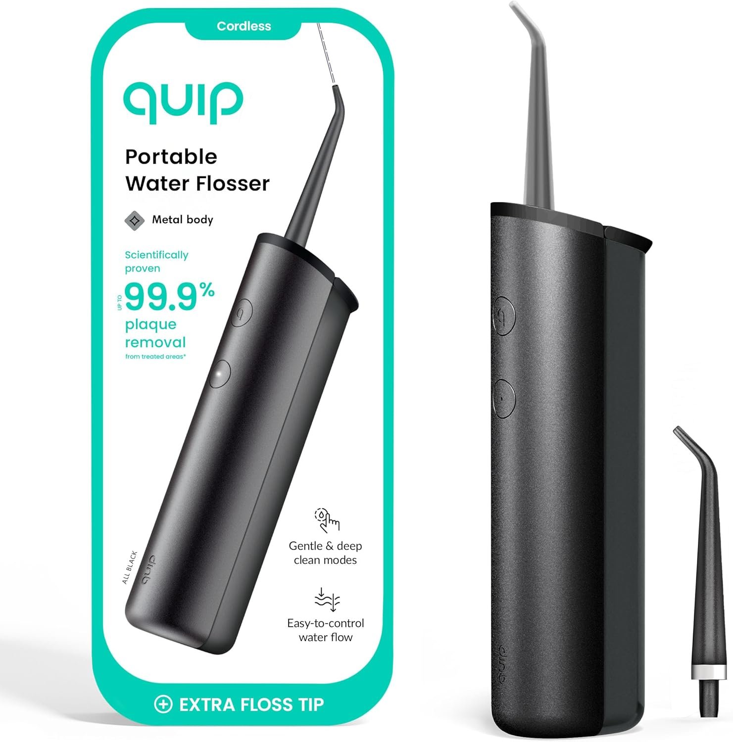 quip Water Flosser with Replacement Tip – Cordless Water Flosser with Adjustable Pressure – Teeth Cleaner Pick with 360 Degree Rotating Replaceable Tip, Rechargeable Water Dental Pick – All-Black