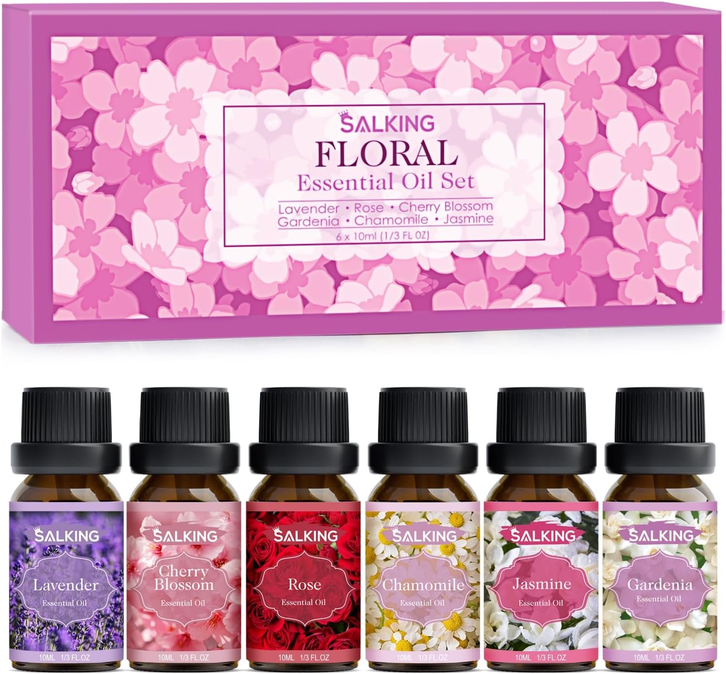 SALKING Floral Essential Oils Set, Premium Pure and Natural Essential Oils, Fragrance Oil Scented Oils for Oil Diffusers 6 x 10 ML – Lavender, Rose, Jasmine, Cherry Blossom, Gardenia, Chamomile