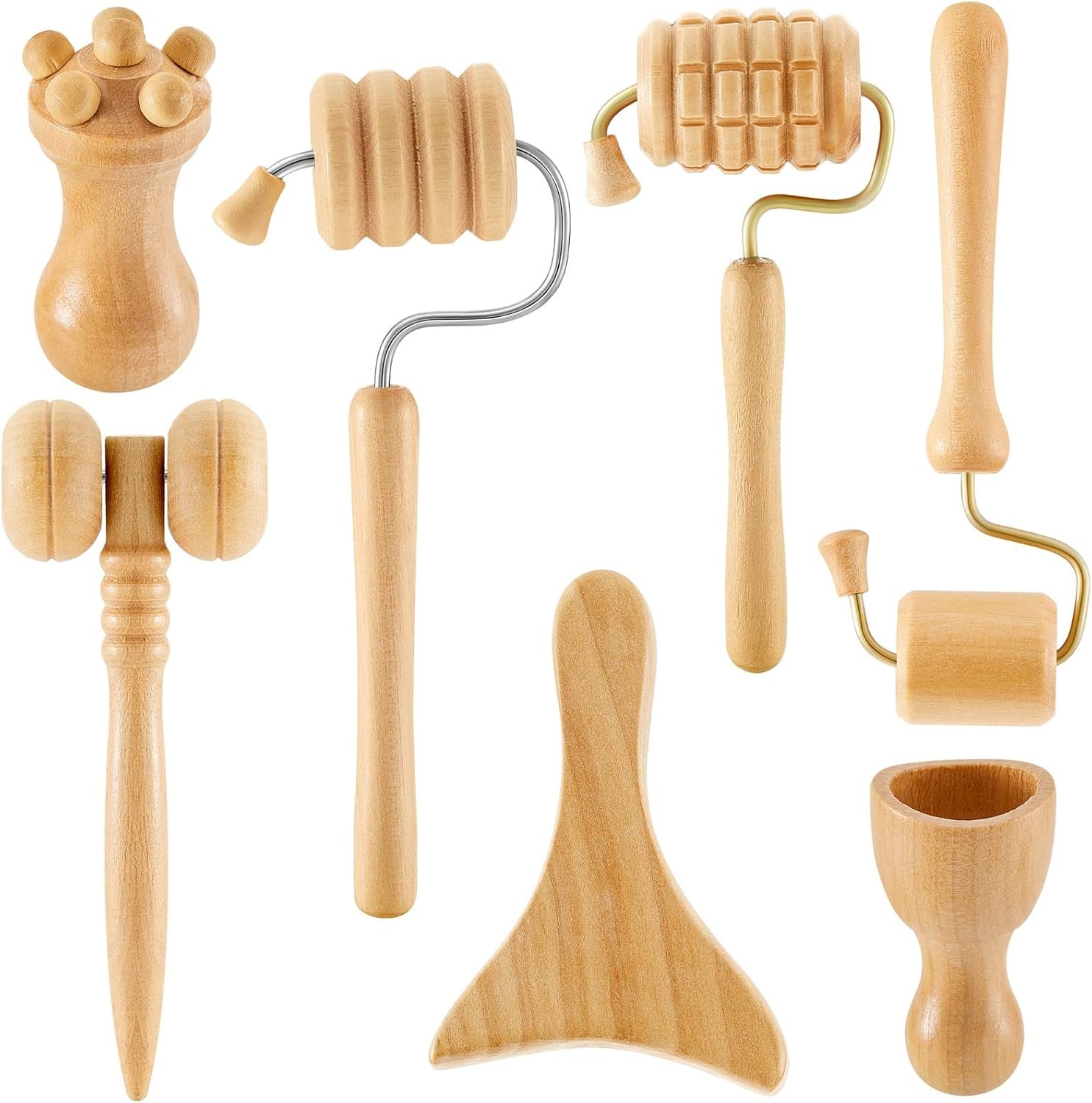 Boao 7 Pcs Wood Therapy Massage Tools Set, Wooden Face Massage Tool & Roller Kit for Lymphatic Drainage Care, At-Home Relaxation & Facial Care, Natural Wood