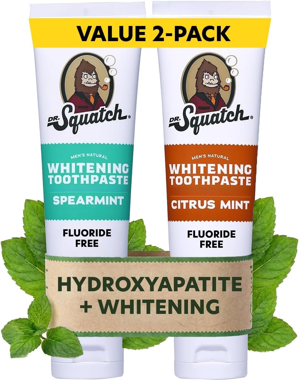 Dr. Squatch Hydroxyapatite Toothpaste Whitening – Natural, Fluoride-Free Toothpaste – Enamel Support – Day & Night Set – Citrus Mint & Spearmint, (4.7 oz, 2-Pack)