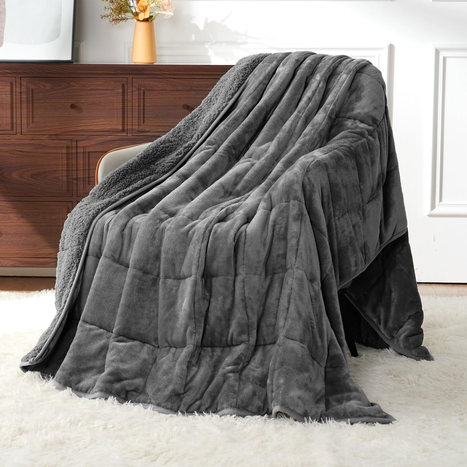 Uttermara Weighted Blankets for Adults Queen Size, 15lbs 60×80 inches Blanket with Soft Warm Plush Sherpa Fleece, Washable Thick Heavy Throw for Sleeping and Calming, Grey
