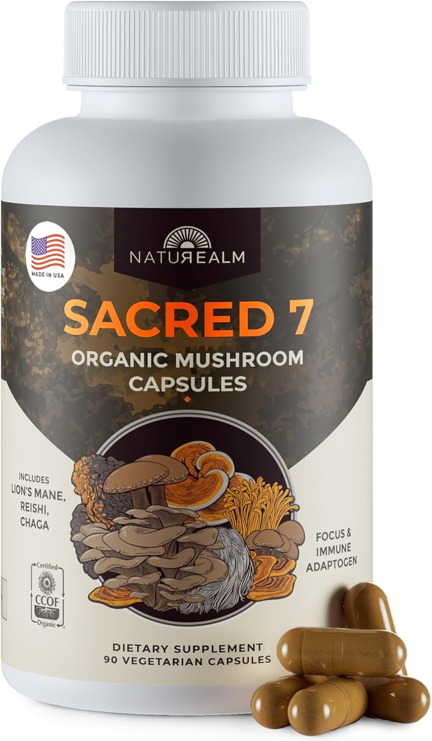 Naturealm Sacred 7 Mushroom Supplement Capsules | 30-Day Supply | 7-in-1 Organic Mushroom Complex Capsules with Lions Mane, Reishi, Chaga | 1000mg Per Serving | Immune Support & Focus