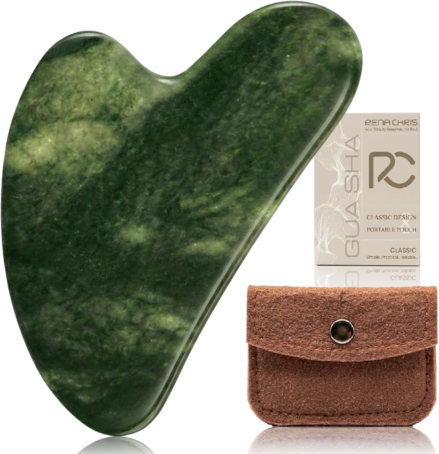 Rena Chris Gua Sha Facial Tools, Natural Jade Stone Guasha Tool for Face Massage – Face Sculpting Tool for Jawline Sculpting, Puffiness Reduction and Skincare Routine with Travel Pouch