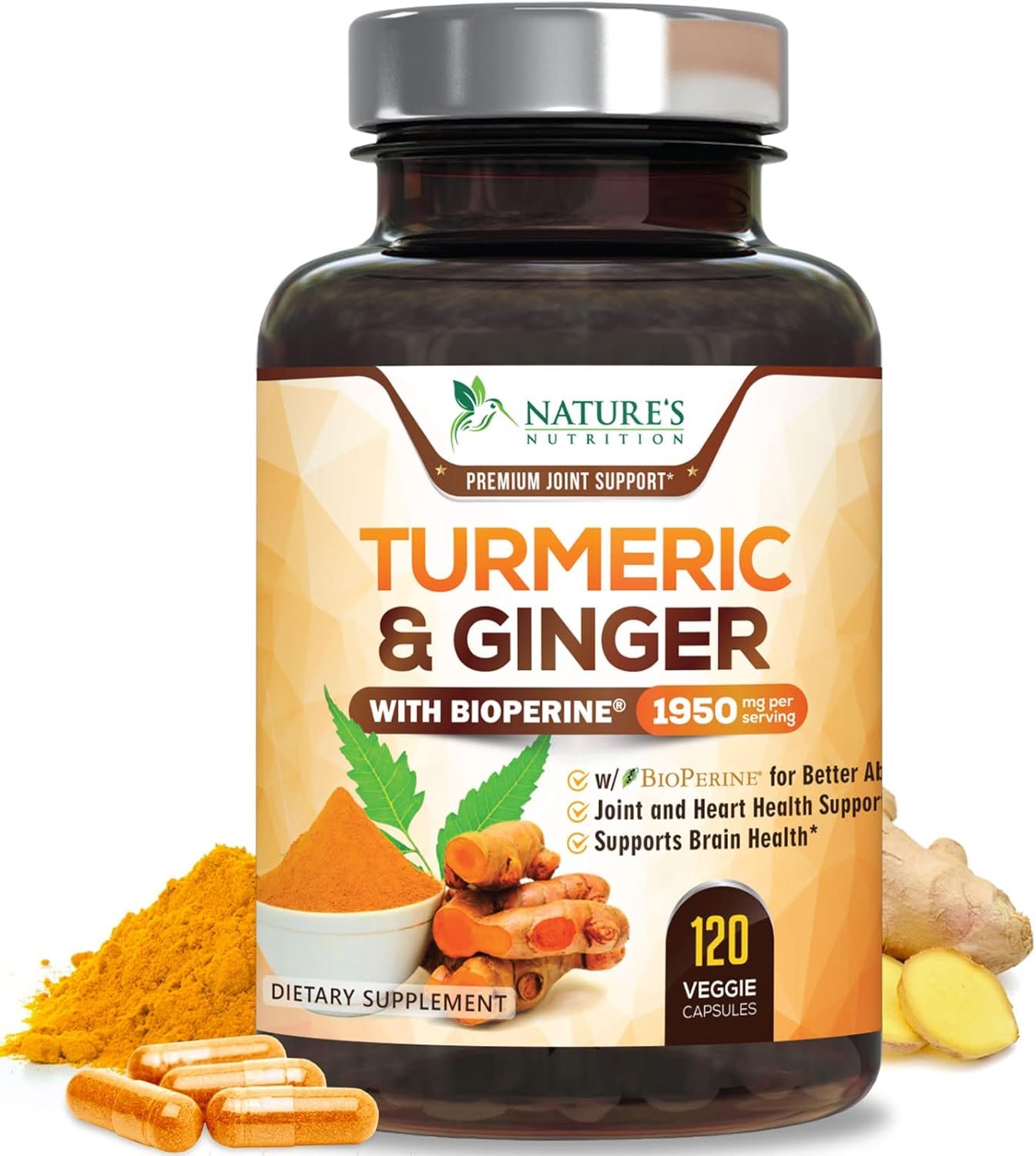 Turmeric Curcumin Supplement – 95% Curcuminoids with Organic Turmeric & Ginger, BioPerine Black Pepper Extract for Best Absorption, Natural Vegan Joint Support, Non-GMO, Bottled in USA – 120 Capsules