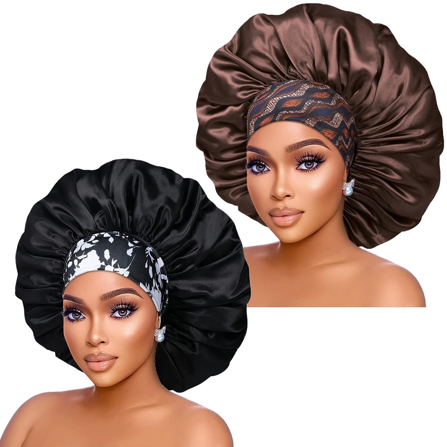 Silk Satin Bonnet Hair Cap: 2pcs 17inch Diameter Extra Large Jumbo Sleeping Satin Bonnets with Comfortable Flower Band – High Density Satin Bonnets for Women Braids Curly Night Cap（Black & Coffee）