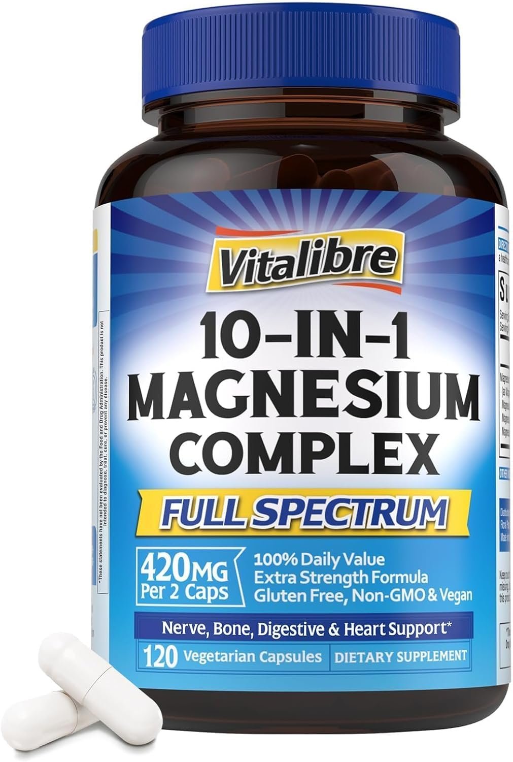 Vitalibre 10 in 1 Magnesium Complex, 420mg Elemental Magnesium | Ultra Strength, Max Absorption | Chelated Magnesium Supplement for Nerves, Bone & Heart Health | Non-GMO, 120 Vegan Capsules