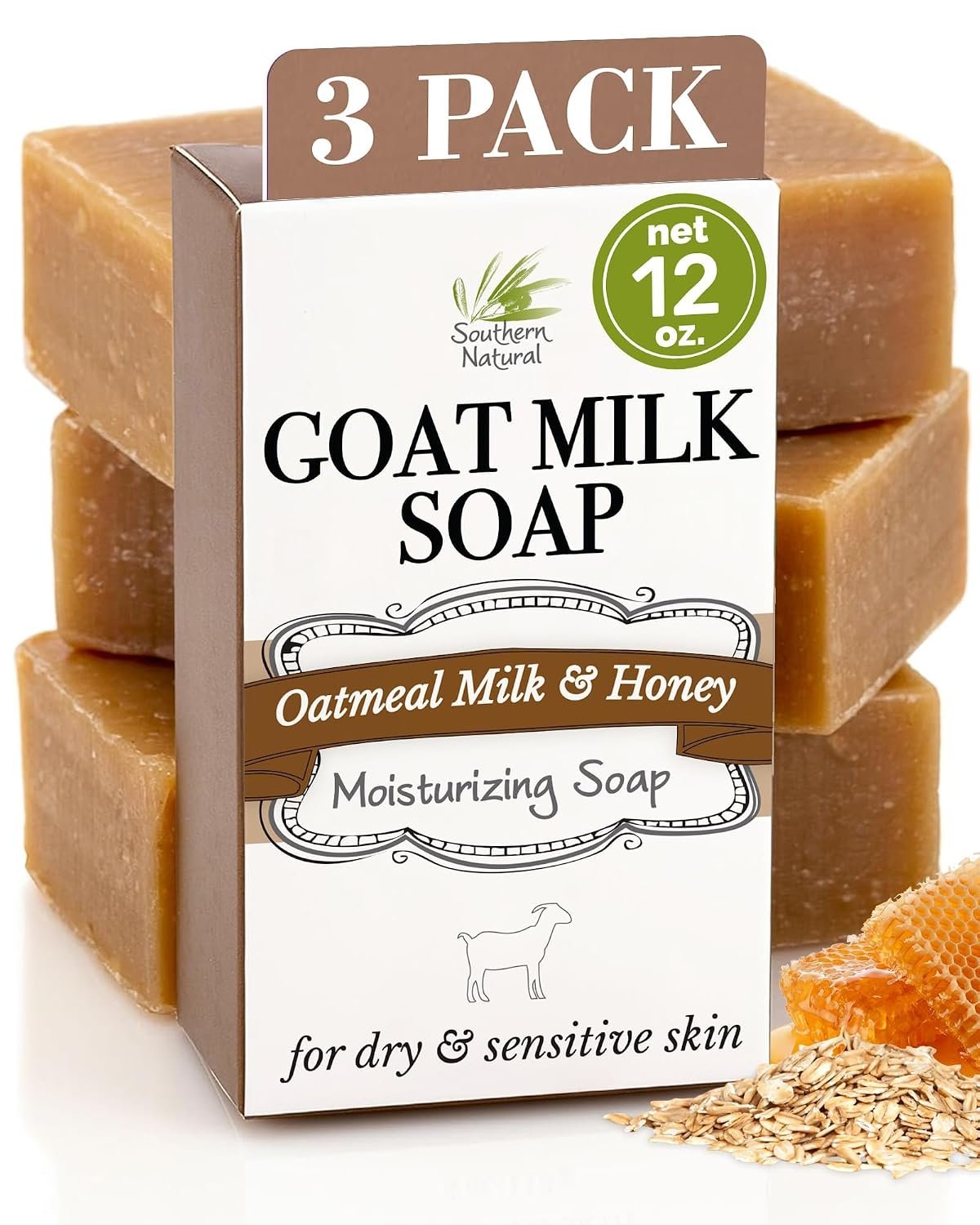 Southern Natural Goat Milk Soap Bar – Oatmeal Milk & Honey 3 Pack – For Dry Sensitive Skin. Natural, Handmade Soap For Men, Women, Kids, Face & Body