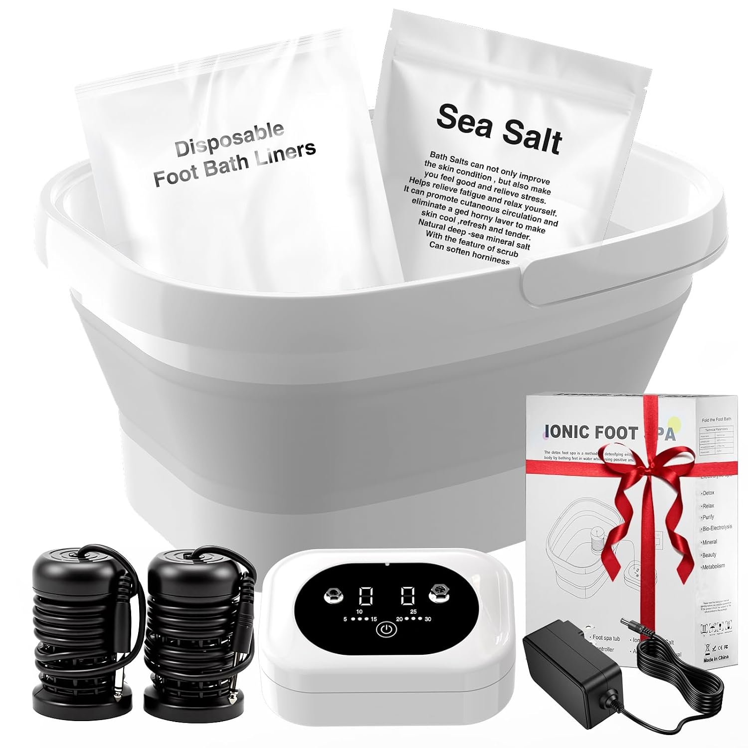 Ionic Foot Bath Detox Machine,Foot Detox Foot Bath Soak Tub with 2 Arrays,80 Disposable Foot Spa Liners, Sea Salt,Folding Foot Spa Bucket,Home Salon-Level Foot Soaking Tub