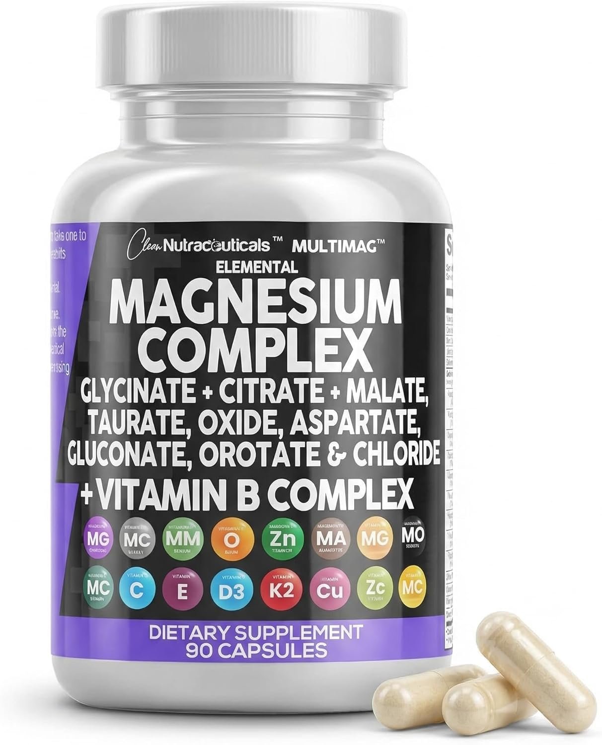 Clean Nutraceuticals Magnesium Complex with Magnesium Glycinate Citrate Malate Oxide Taurate Aspartate Orotate & Mag Chloride, Zinc Copper Manganese & Vitamin C B1 B2 B6 B12 Complex – 1Pack