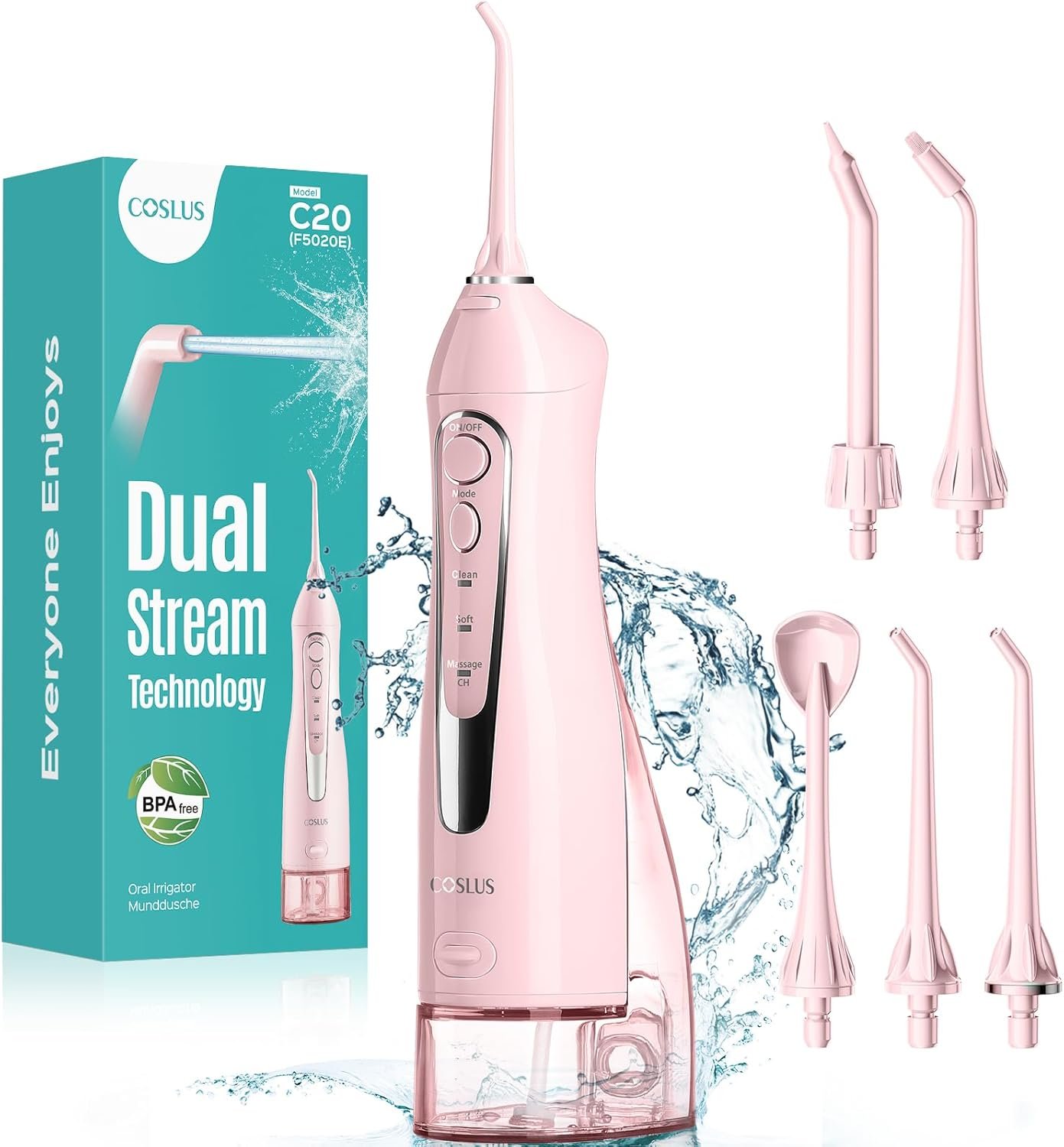 COSLUS ADA Accepted Water Dental Flosser Teeth Pick C20: Portable Cordless Oral Irrigator 300ML Rechargeable Travel Irrigation Cleaner IPX7 Waterproof Electric Flossing Machine, 1PC Pink
