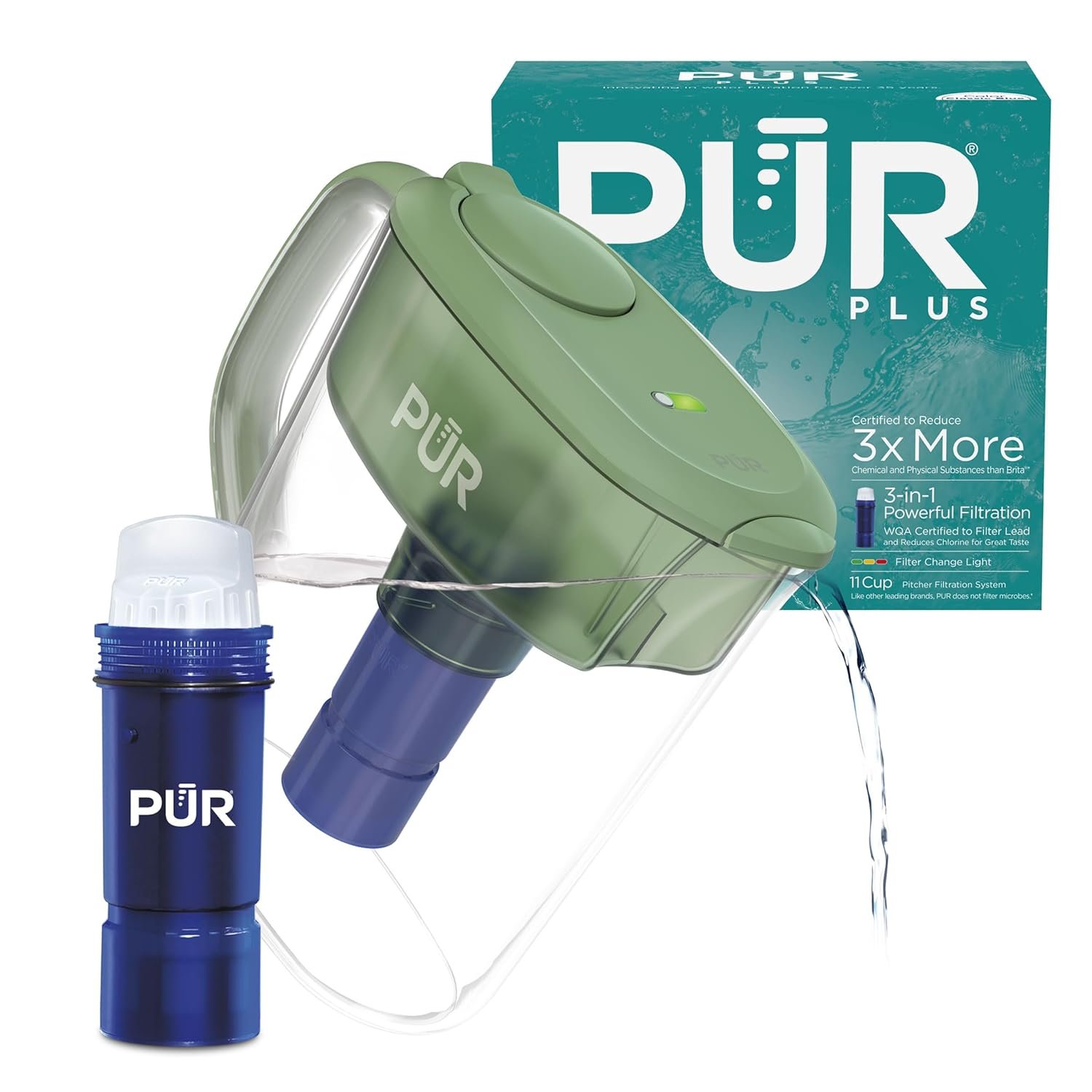 PUR Plus 11-Cup Water Pitcher, 1 Lead-Reducing Filter, Cleaner, Great-Tasting Water, Dishwasher Safe, Powerful Filtration, Filter Change Light Indicator, LockFit Cap Design – Sage