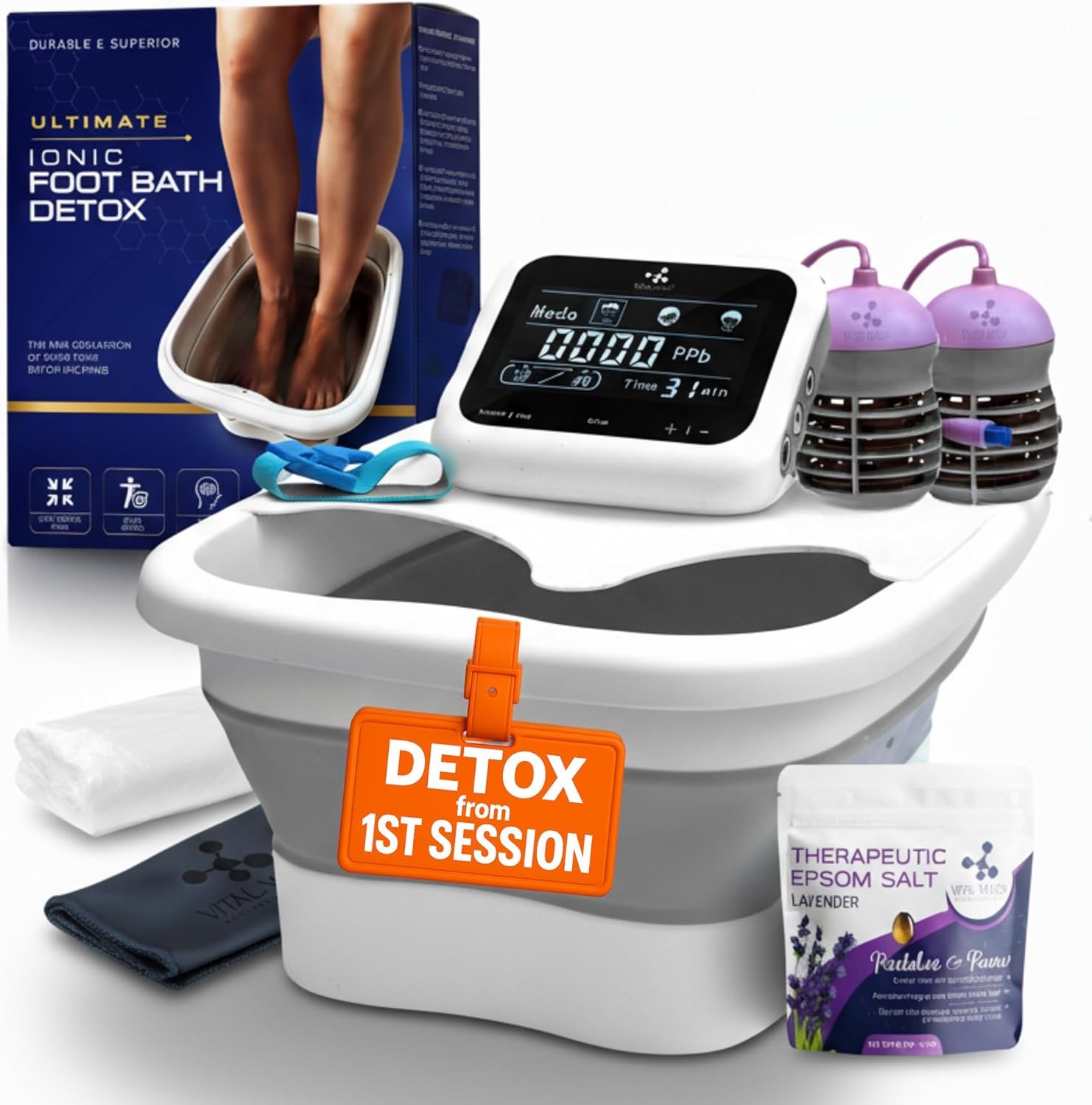 Vital Vibes Ultimate Ionic Foot Bath Detox Machine – Foot Detox Machine for Spa Bath with Touch Display – Epsom Salt & Towel – Collapsible Soaking tub -2 Powerful Array- Ion Wristband-Tub Liners