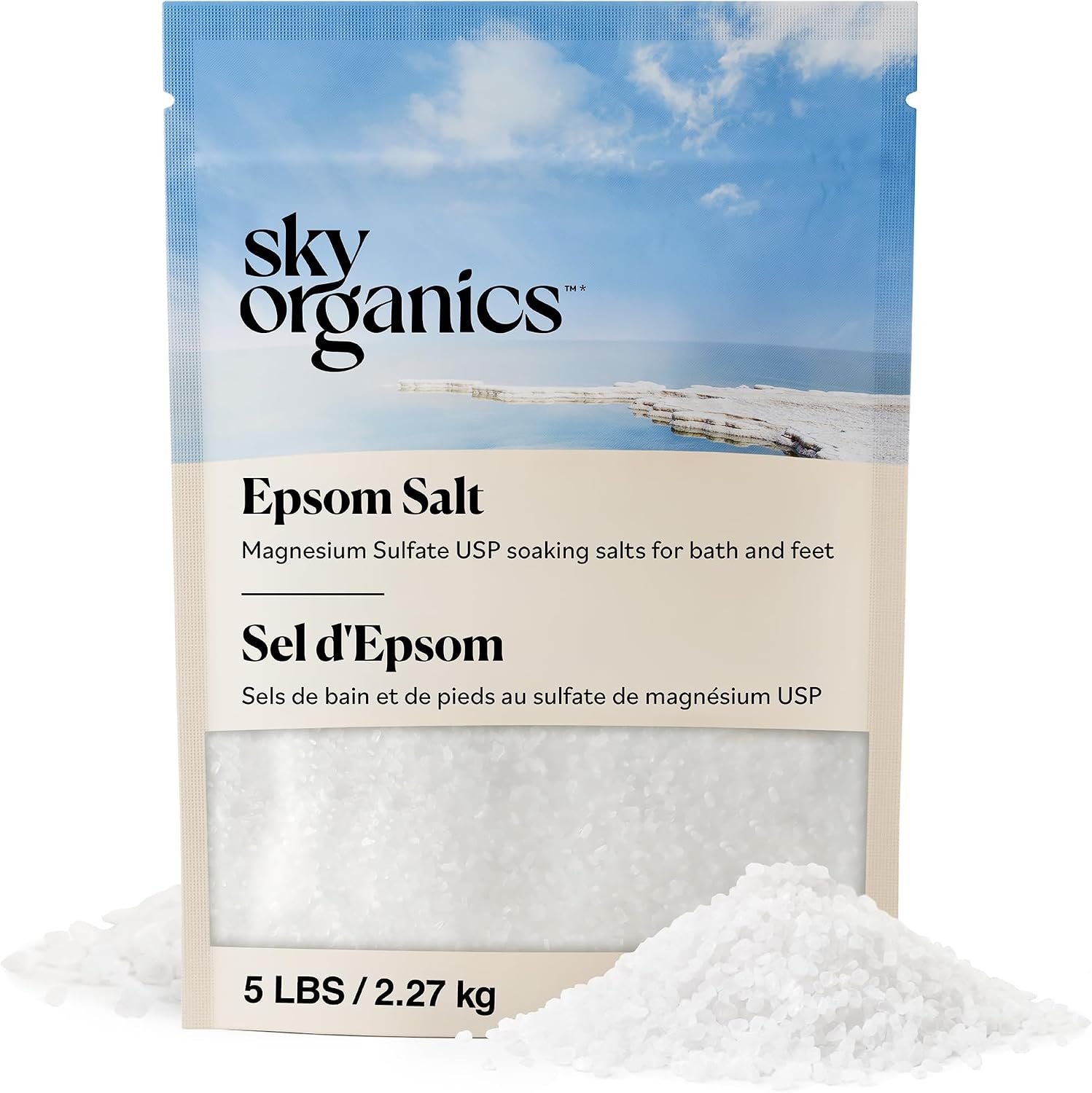 Sky Organics – Epsom Salt Bath Soak, 5 lbs – Magnesium Sulfate USP – 100% Pure, Medium Grain – Unscented – Soaking Bath Salts – Resealable Bag – Natural, Vegan & Cruelty Free – Self Care – Bath & Feet