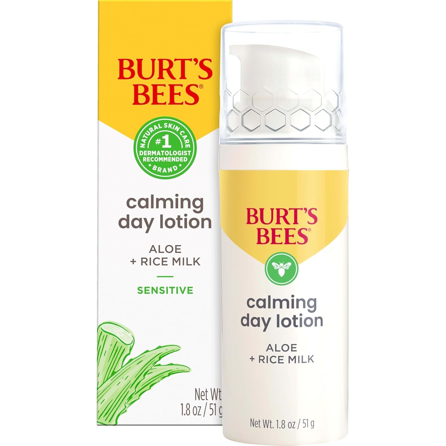Burt’s Bees Calming Day Face Lotion With Aloe and Rice Milk, Soothing Face Lotion for Sensitive Skin, 98.9 Percent Natural Origin Skin Care, 1.8 oz. Bottle