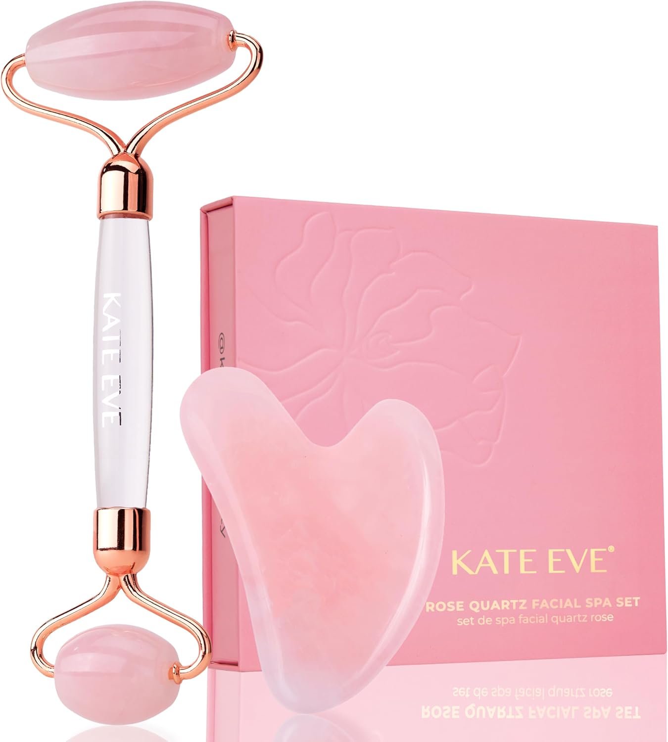 Kate Eve Rose Quartz Face Roller and Gua Sha Set, 100% Natural Brazilian Rose Quartz Facial Massage Tools, Luxury Skincare Gift Box