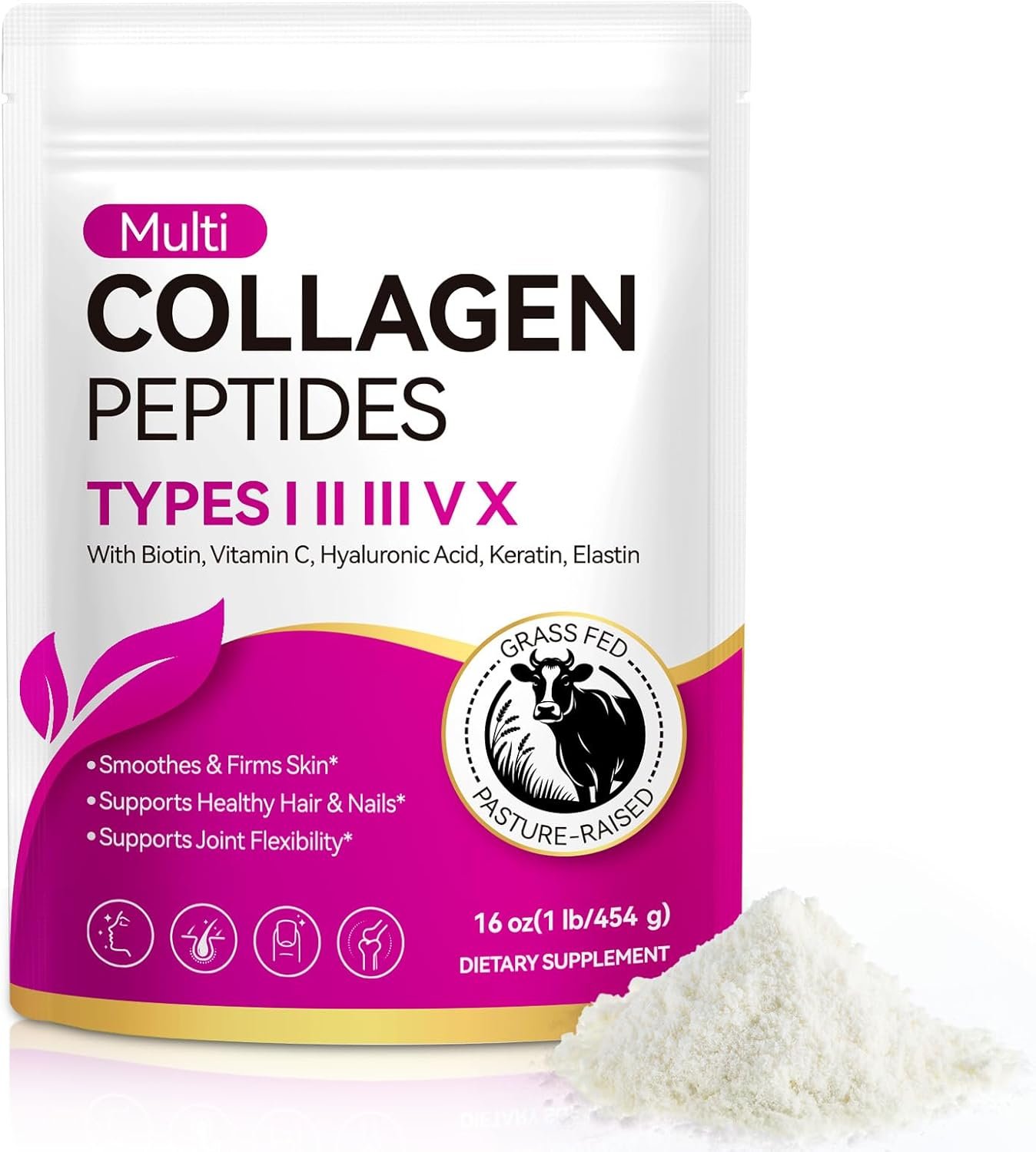 Multi Collagen Peptides Powder,Type I, II, III, V, X,with Biotin,Vitamin C,Hyaluronic Acid,Supports Healthy Joint, Hair, Skin & Nail Support,Grass-Fed, Non-GMO,16oz