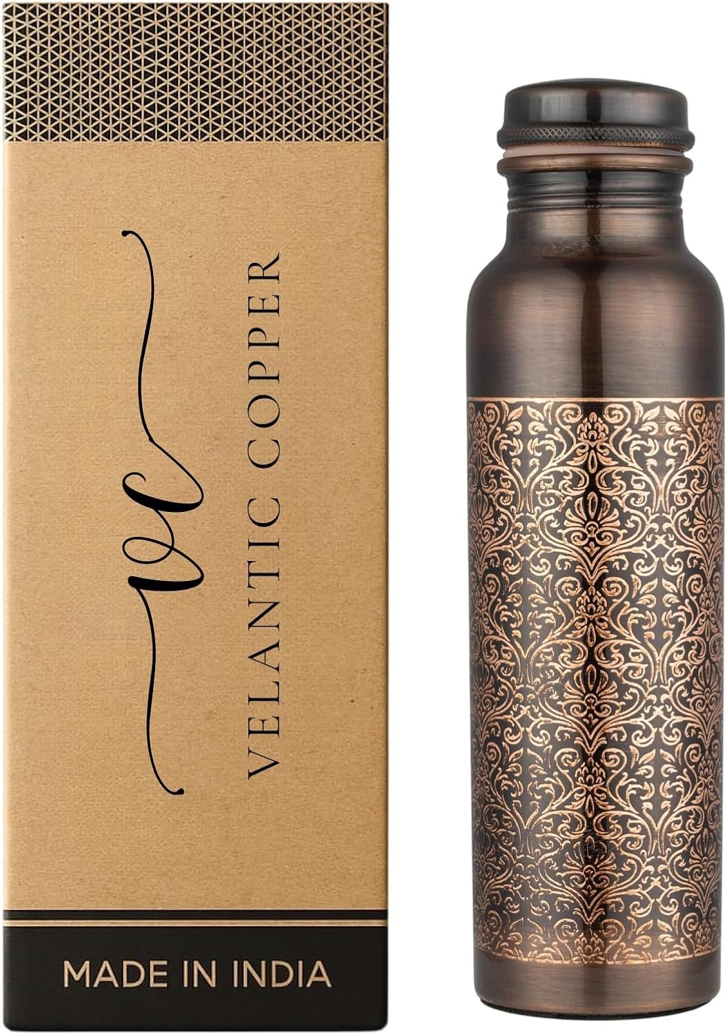 Copper Water Bottle, Handcrafted, 32 oz, Antique Finish | Eco-Friendly, Leak-proof, Jointless, BPA-Free, Ayurvedic, Handcrafted