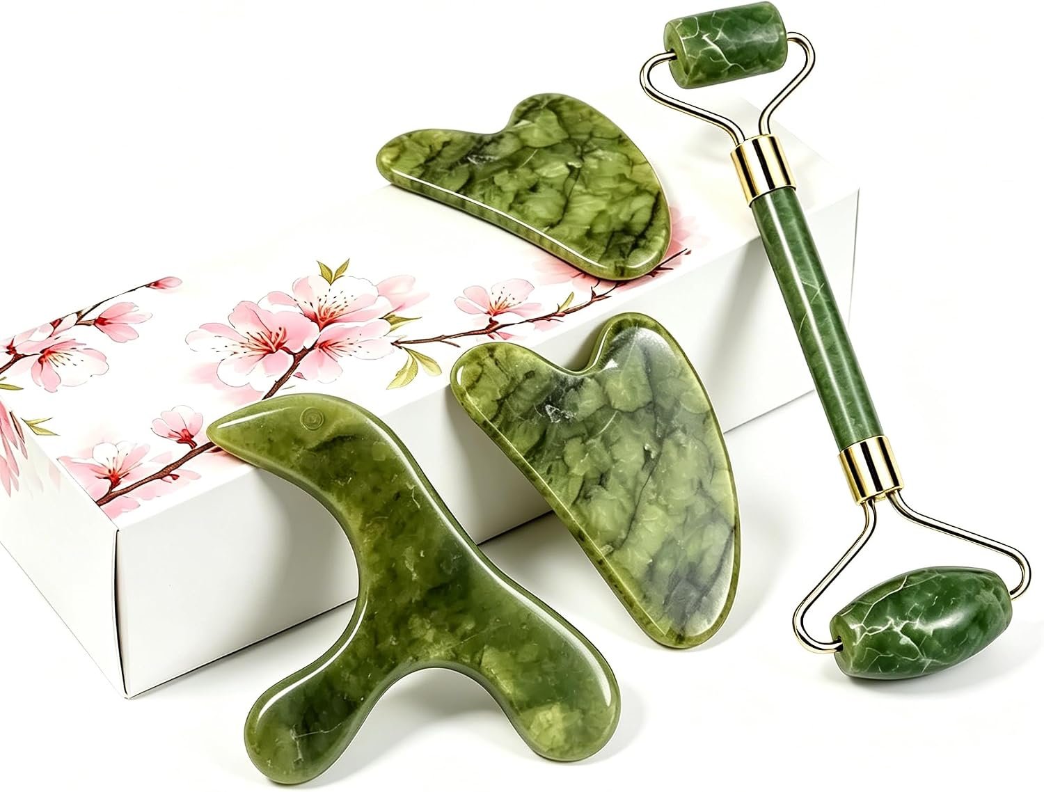 Gua Sha & Jade Roller Set,Massage Tool & Gua Sha Facial Tool Kit | Full Body Relax Tool for Face Neck Shoulder Back Leg Skincare, Ideal Daily Self-Care & Fathers Mothers Gifts